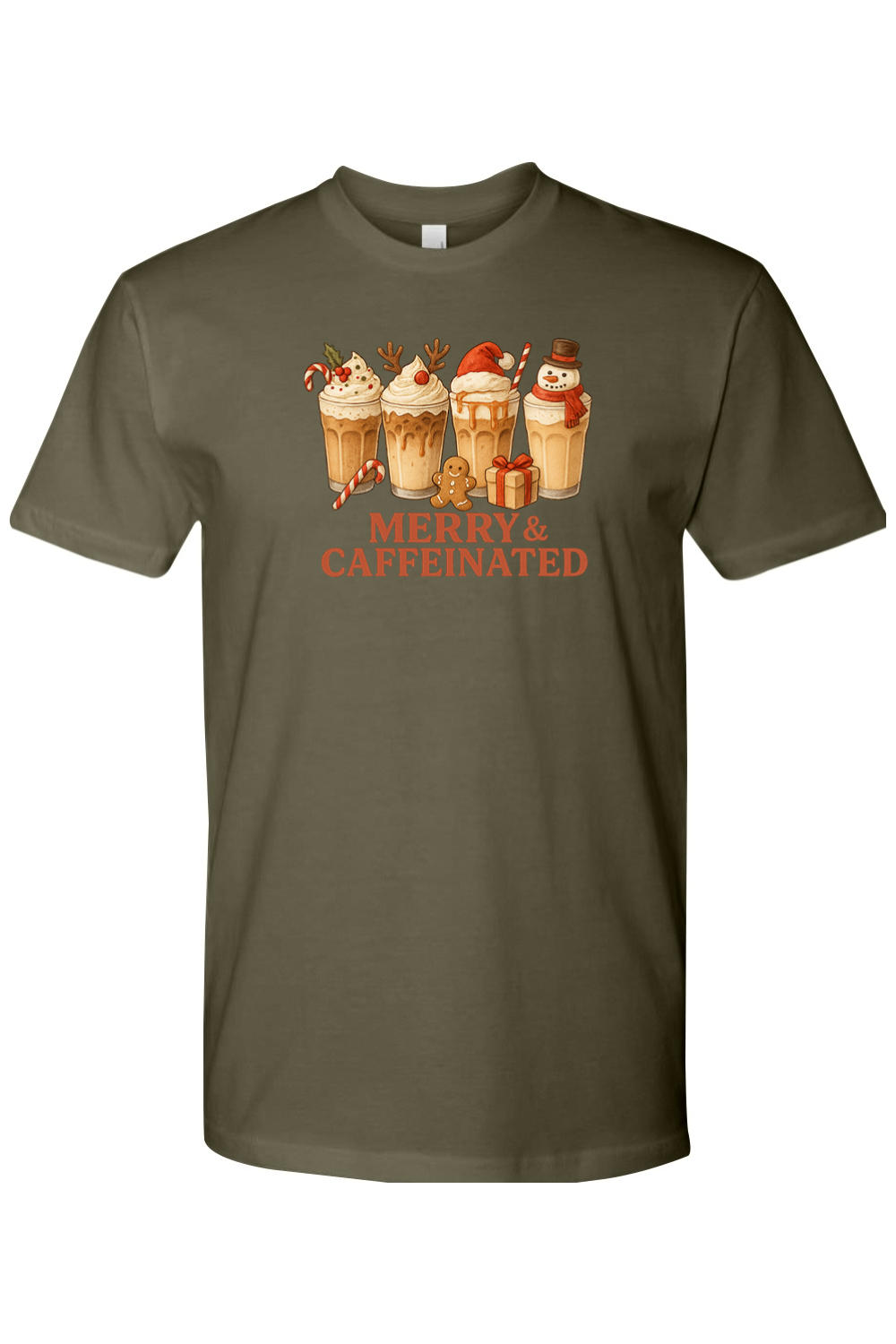 Olive military green t-shirt with Christmas coffee design and Merry & Caffeinated text cute holiday iced coffee short sleeve shirt