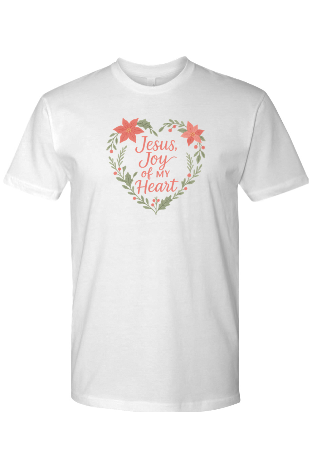 White Christmas t-shirt with "Jesus, Joy of My Heart" text with a heart shaped poinsettia wreath wrapping around the text design festive religious God Christian holiday short sleeve shirt