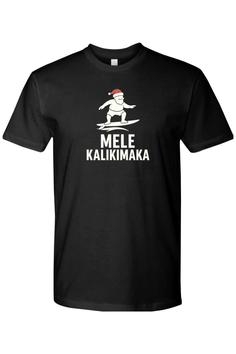Black Christmas t-shirt with Santa surfing and "Mele Kalikimaka" text funny Hawaiian Christmas surf holiday short sleeve shirt