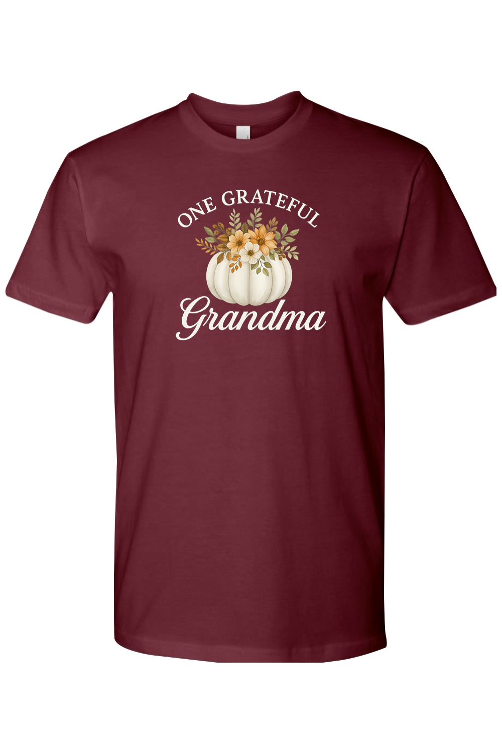 Maroon Thanksgiving t-shirt with "One Grateful Grandma" text and a pumpkin with flowers design cute grandparent fall holiday short sleeve shirt