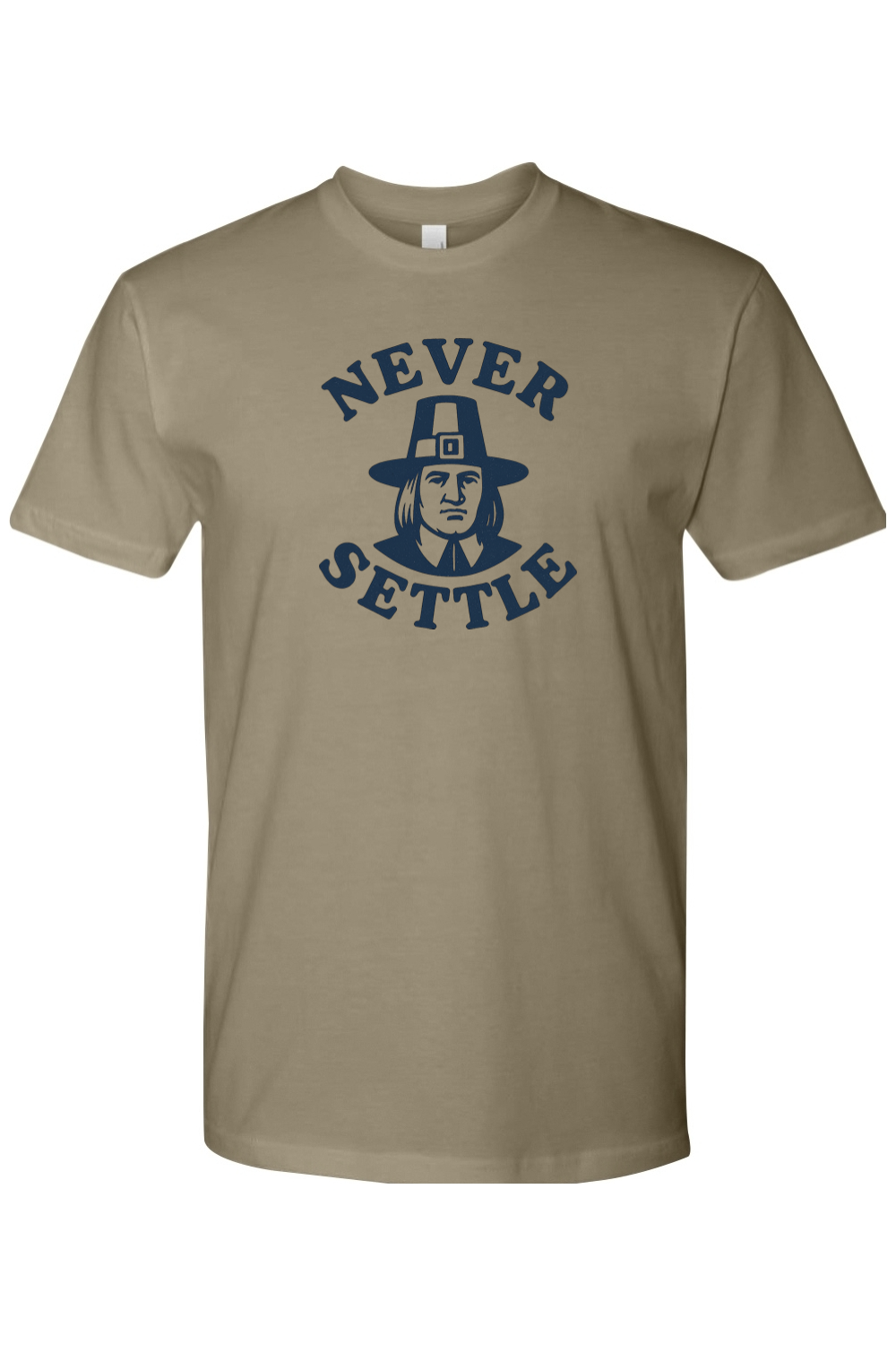 Light olive green Thanksgiving t-shirt with "Never Settle" text and a pilgrim design funny sarcastic fall holiday short sleeve shirt