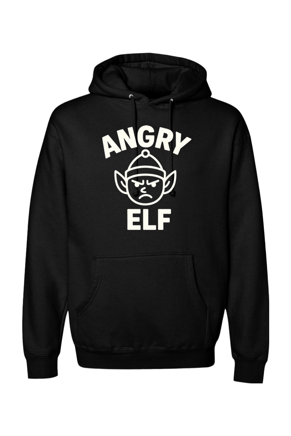 Black Christmas hoodie with "Angry Elf' in white text with a minimal angry elf design funny sarcastic humor holiday long sleeve hooded sweatshirt