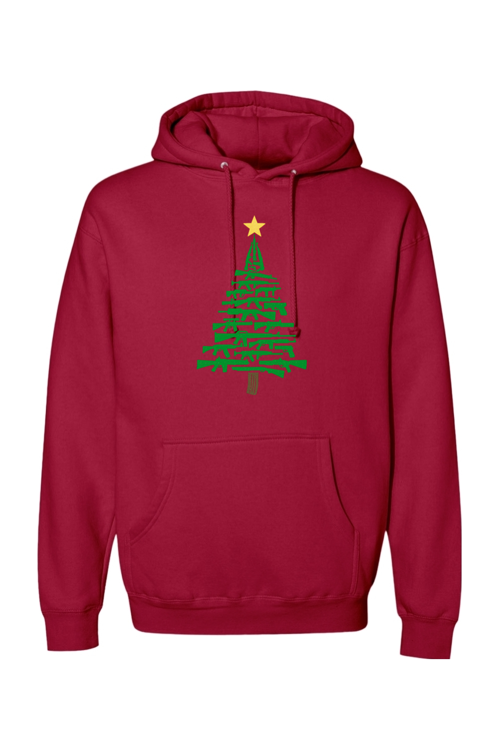 Red Christmas hoodie with a Christmas tree design made out of rifles cool tactical men's holiday long sleeve hooded sweatshirt