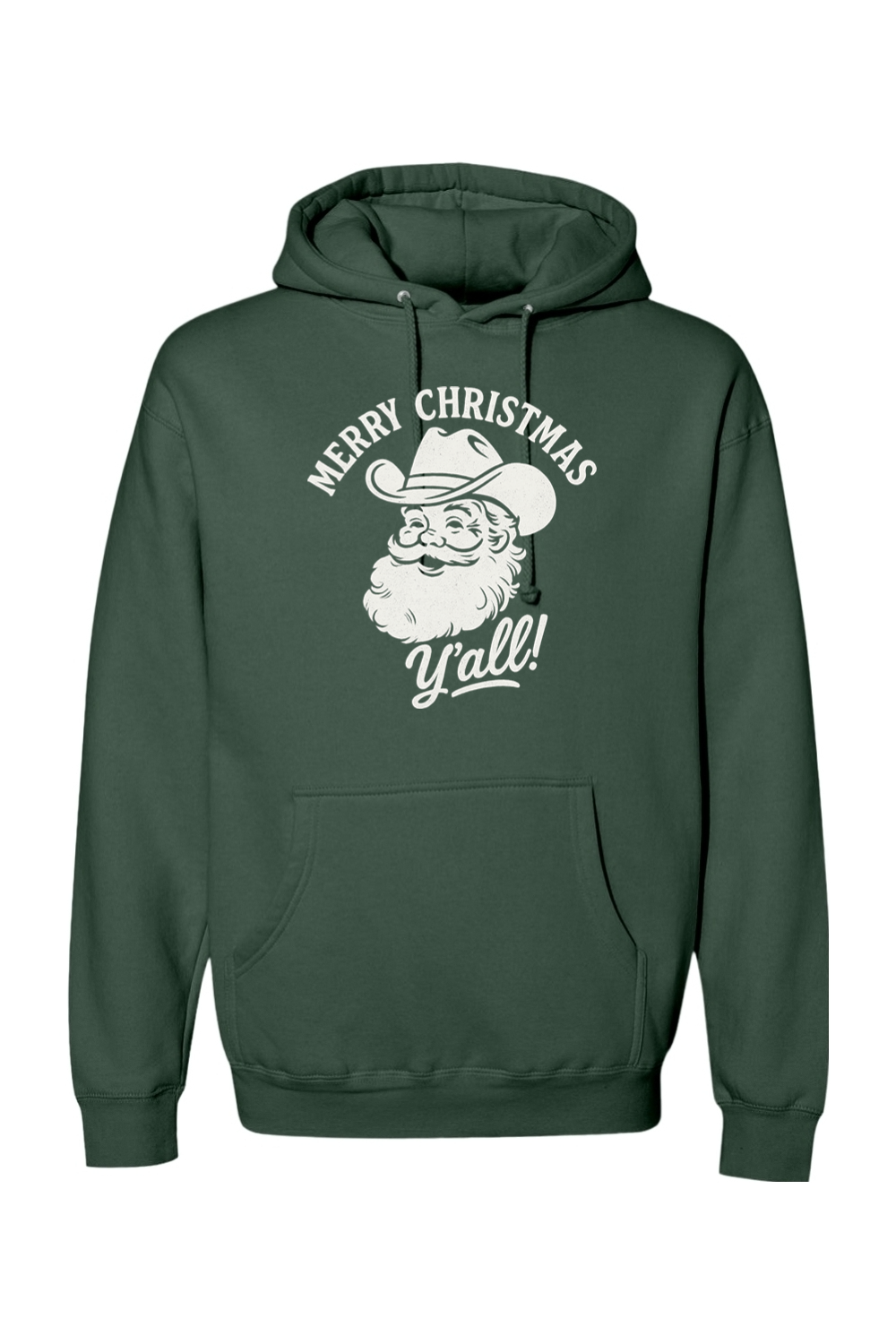 Pine green Christmas hoodie with "Merry Christmas Y'all!" text in white with Santa wearing a cowboy hat design funny western holiday long sleeve hooded sweatshirt