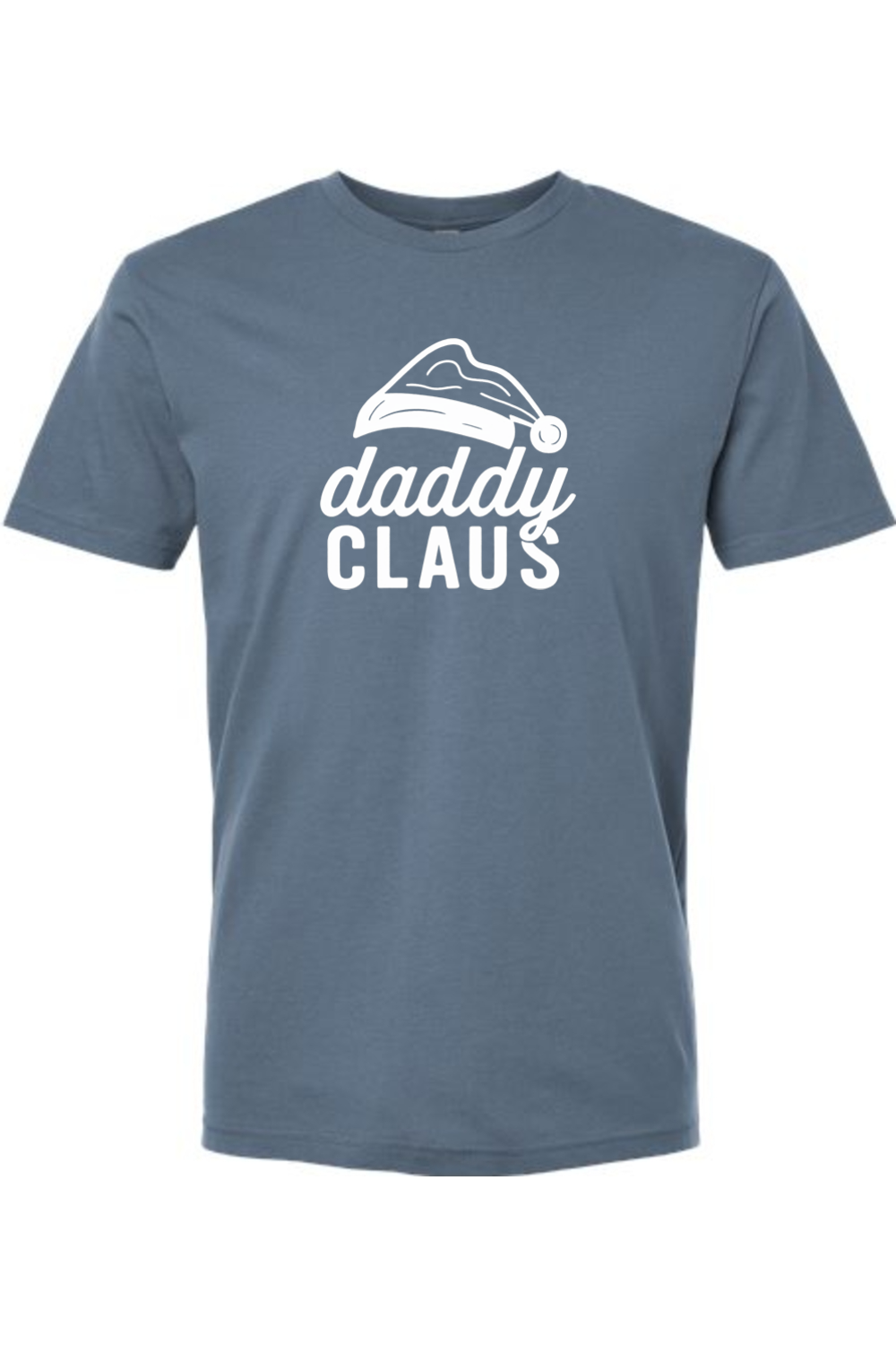 Blue Christmas t-shirt with 'Daddy Claus' text and Santa hat graphic funny festive holiday short sleeve shirt
