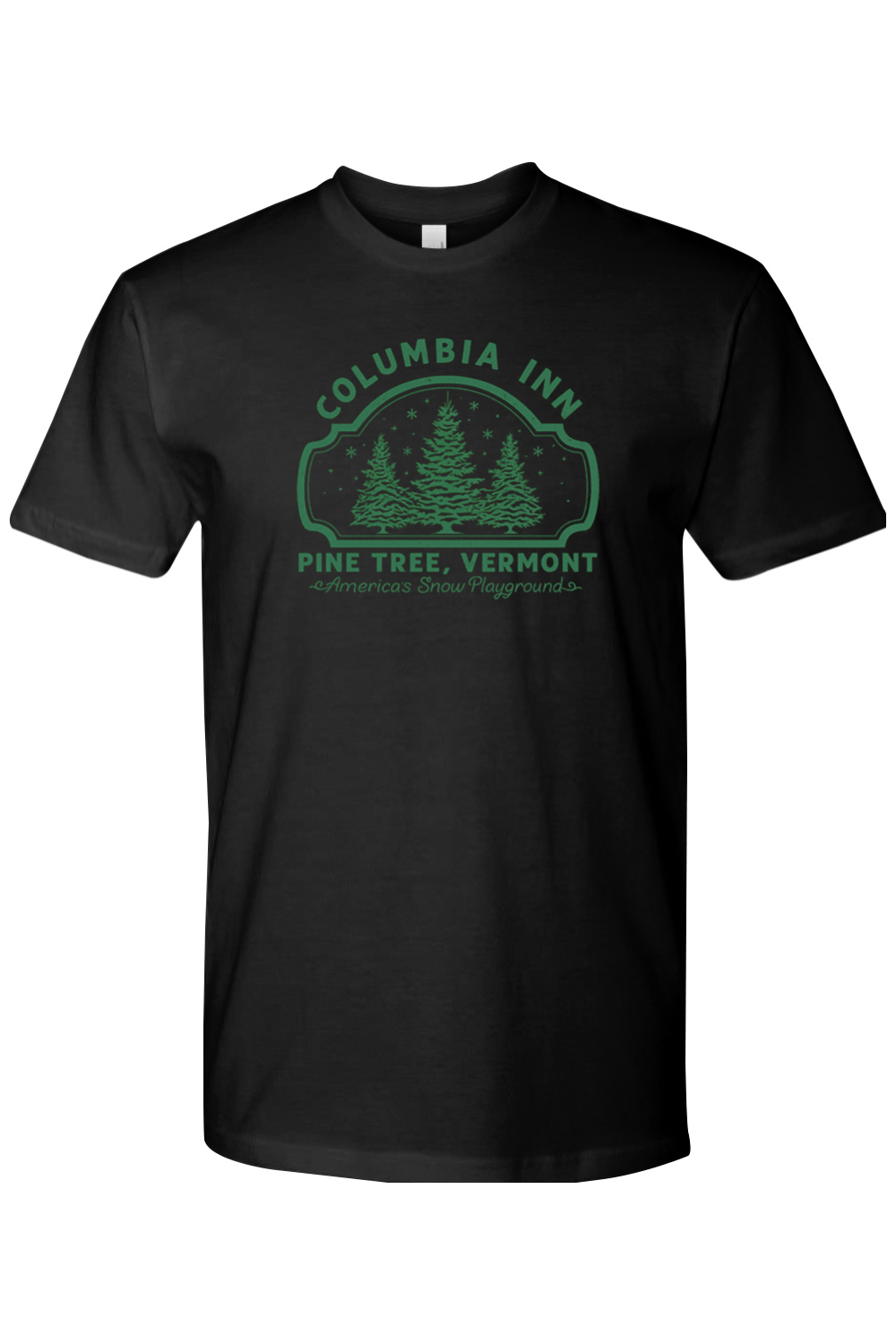 Black Christmas t-shirt with "Columbia Inn Pine Tree, Vermont America's Snow Playground" text in green with a pine tree snow design trendy festive holiday short sleeve shirt