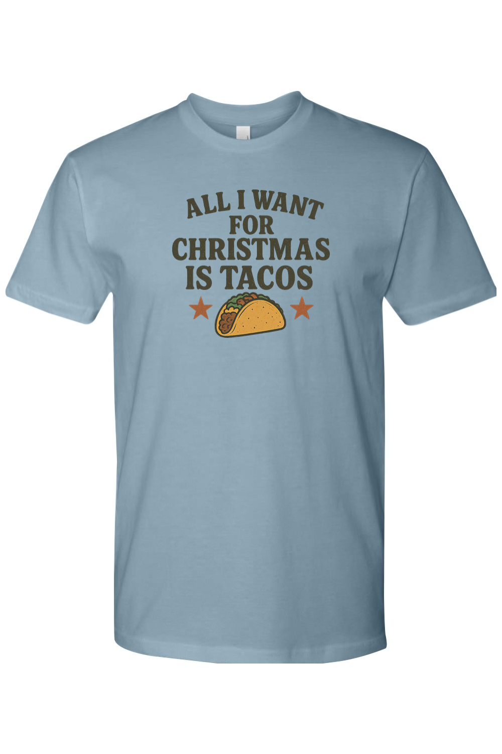 Blue Christmas t-shirt with "All I Want for Christmas is Tacos" text with taco and stars design funny humor festive holiday short sleeve shirt