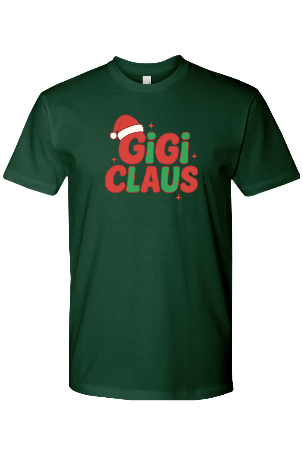 Dark green Christmas t-shirt with "Gigi Claus" text in green and red with a Santa hat sitting on the G cute grandma grandparent holiday short sleeve shirt