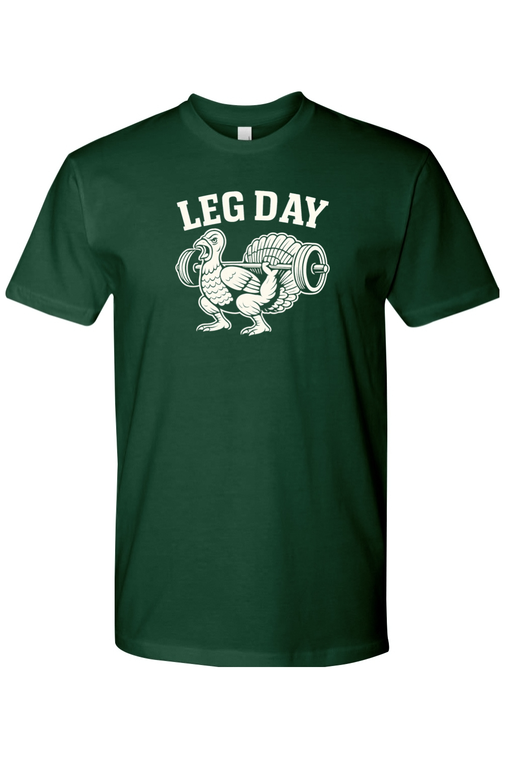 Dark green Thanksgiving t-shirt with "Leg Day" text and a turkey doing a squat with a barbell design lifting weights funny gym humor fall short sleeve shirt