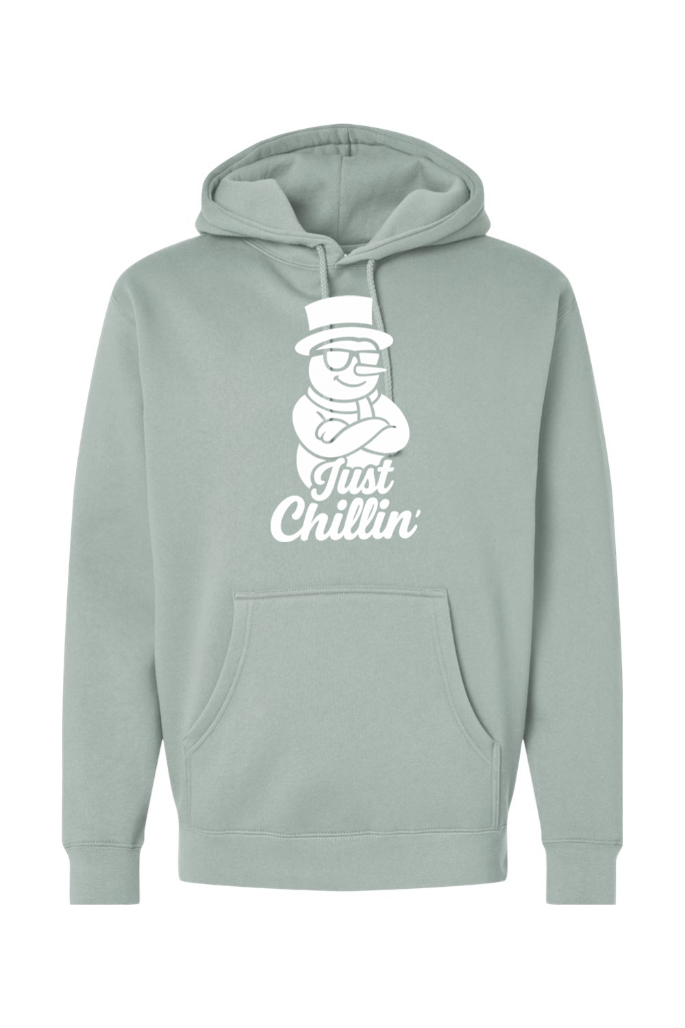 Light green Christmas hoodie with "Just Chillin'" text in white with a snowman wearing sunglasses and arms crossed design funny holiday humor long sleeve hooded sweatshirt