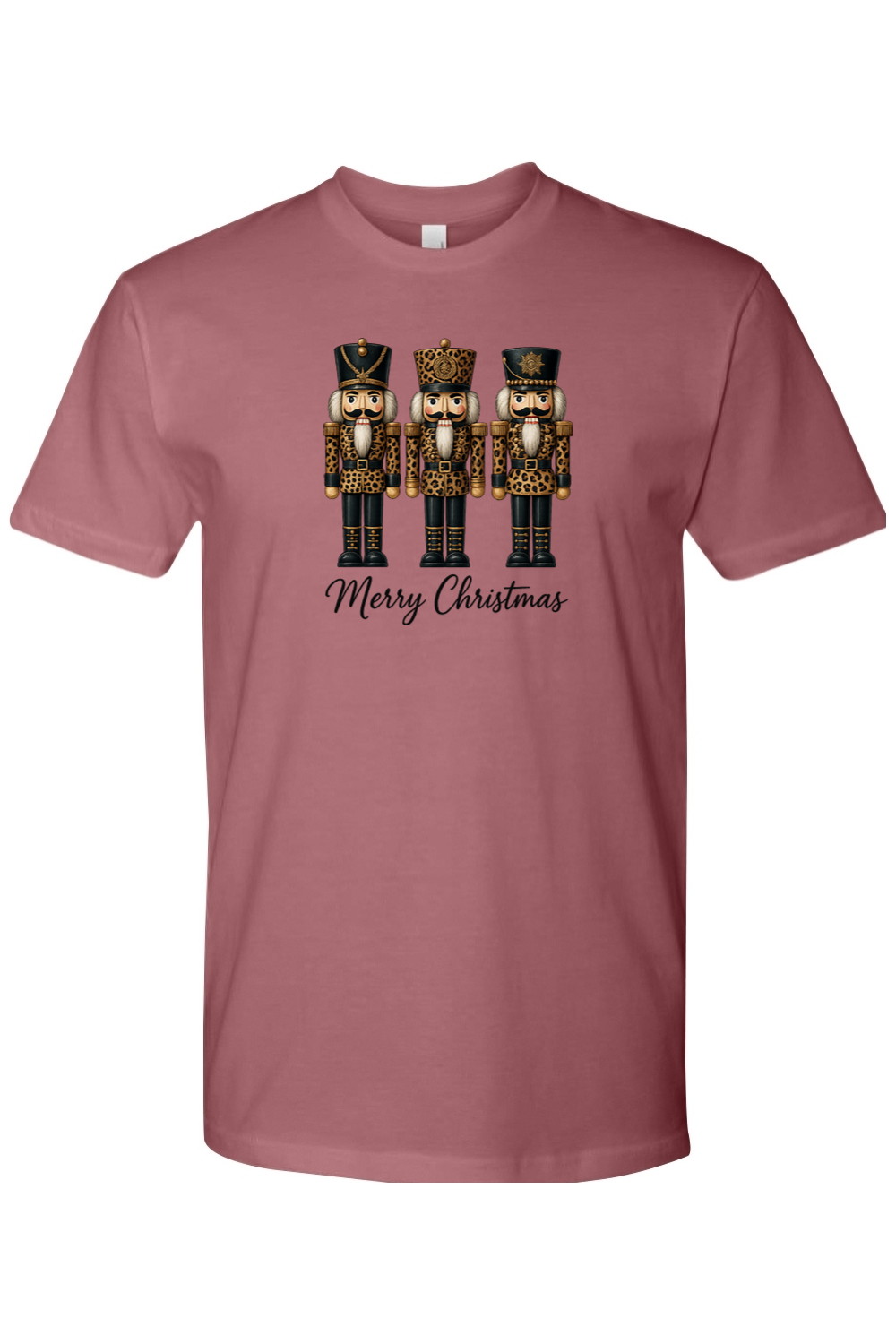 Mauve dark pink Christmas t-shirt with "Merry Christmas" text and three leopard print nutcrackers cute trendy girly festive holiday short sleeve shirt