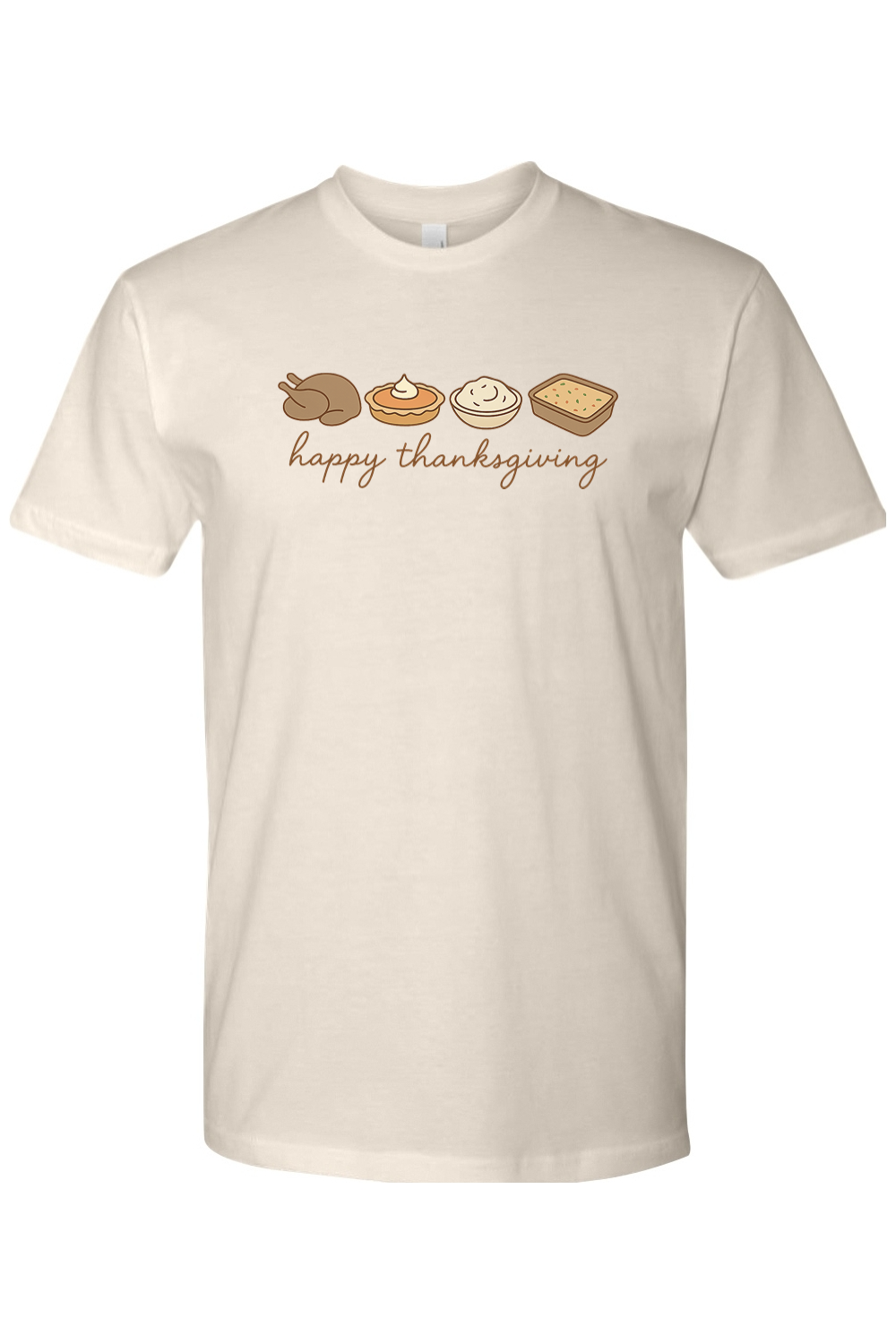 Cream beige Thanksgiving t-shirt with "happy thanksgiving" text and turkey, pumpkin pie, mashed potatoes, stuffing design cute trendy fall holiday short sleeve shirt