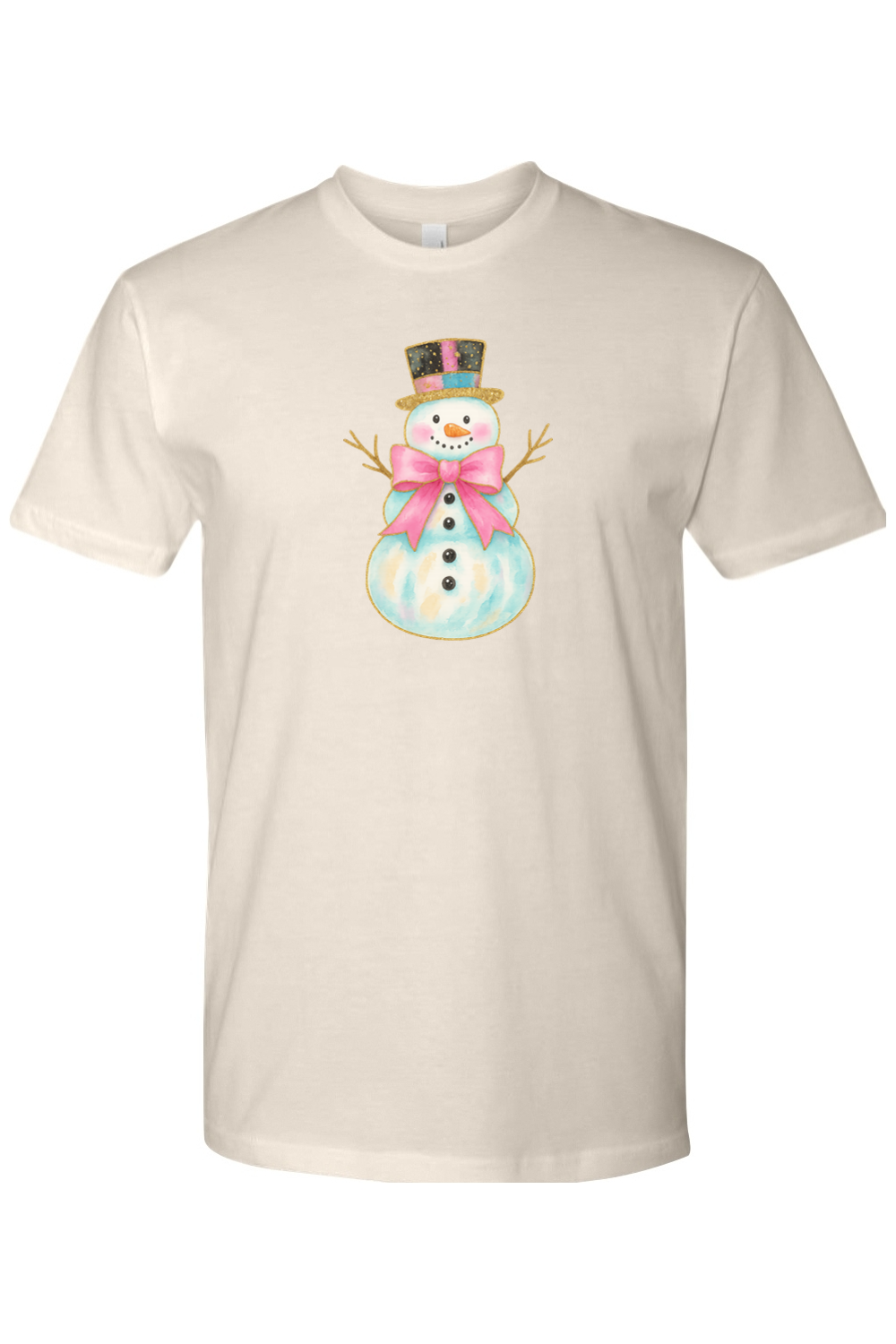Beige cream Christmas t-shirt with a watercolor snowman in a pink bow and top hat design cute girly festive holiday short sleeve shirt