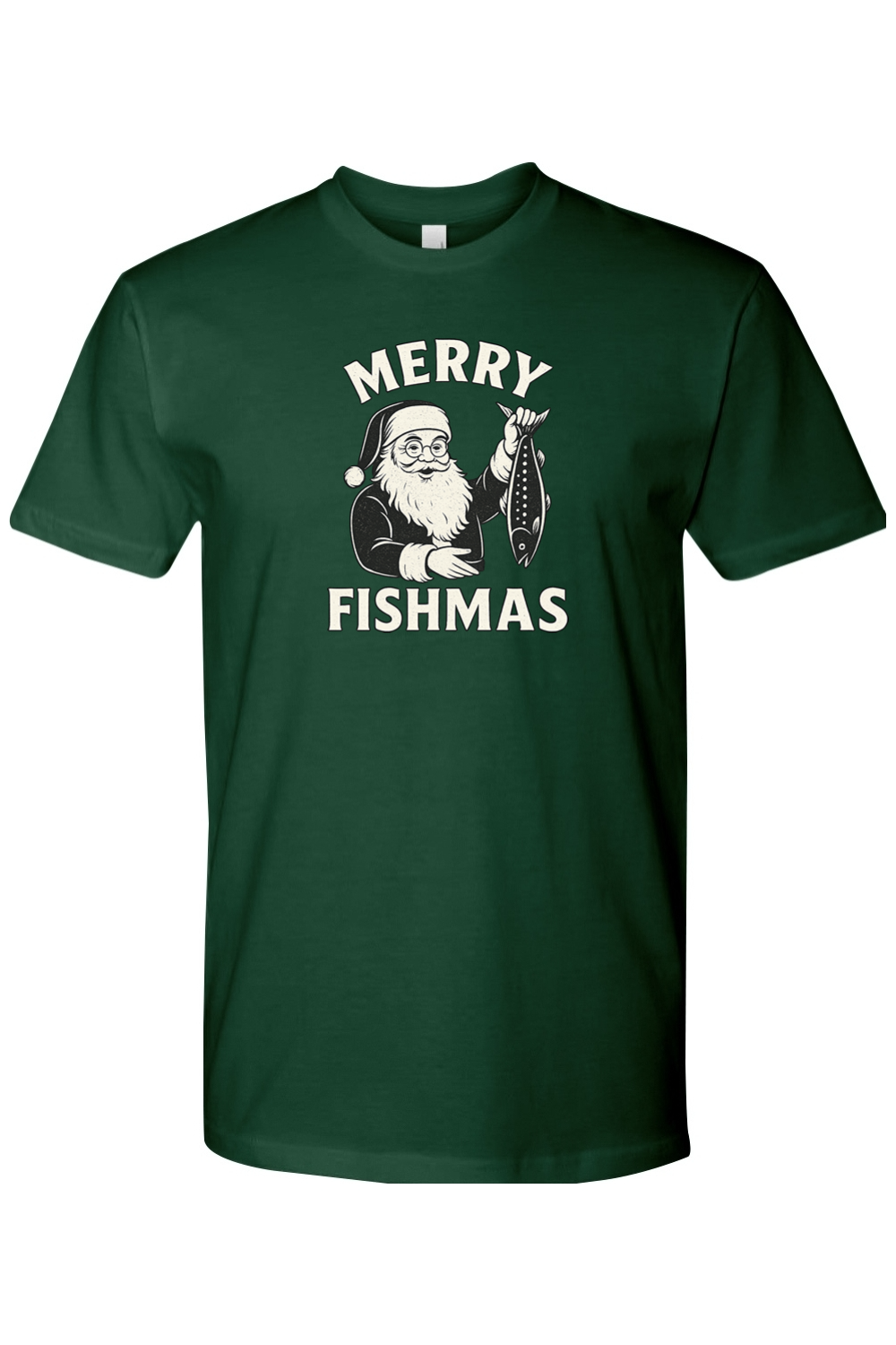 Dark green Christmas t-shirt with "Merry Fishmas" text with Santa holding a fish design funny fishing holiday festive short sleeve shirt