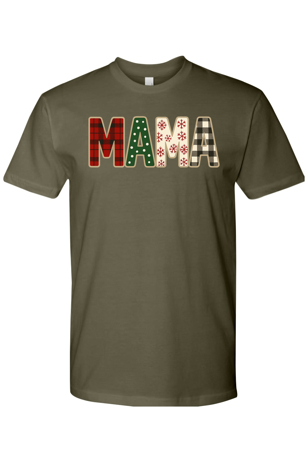 Olive green Christmas t-shirt with "MAMA" text with plaid, polka dots, and snowflakes pattern inside lettering cute trendy mom holiday short sleeve shirt