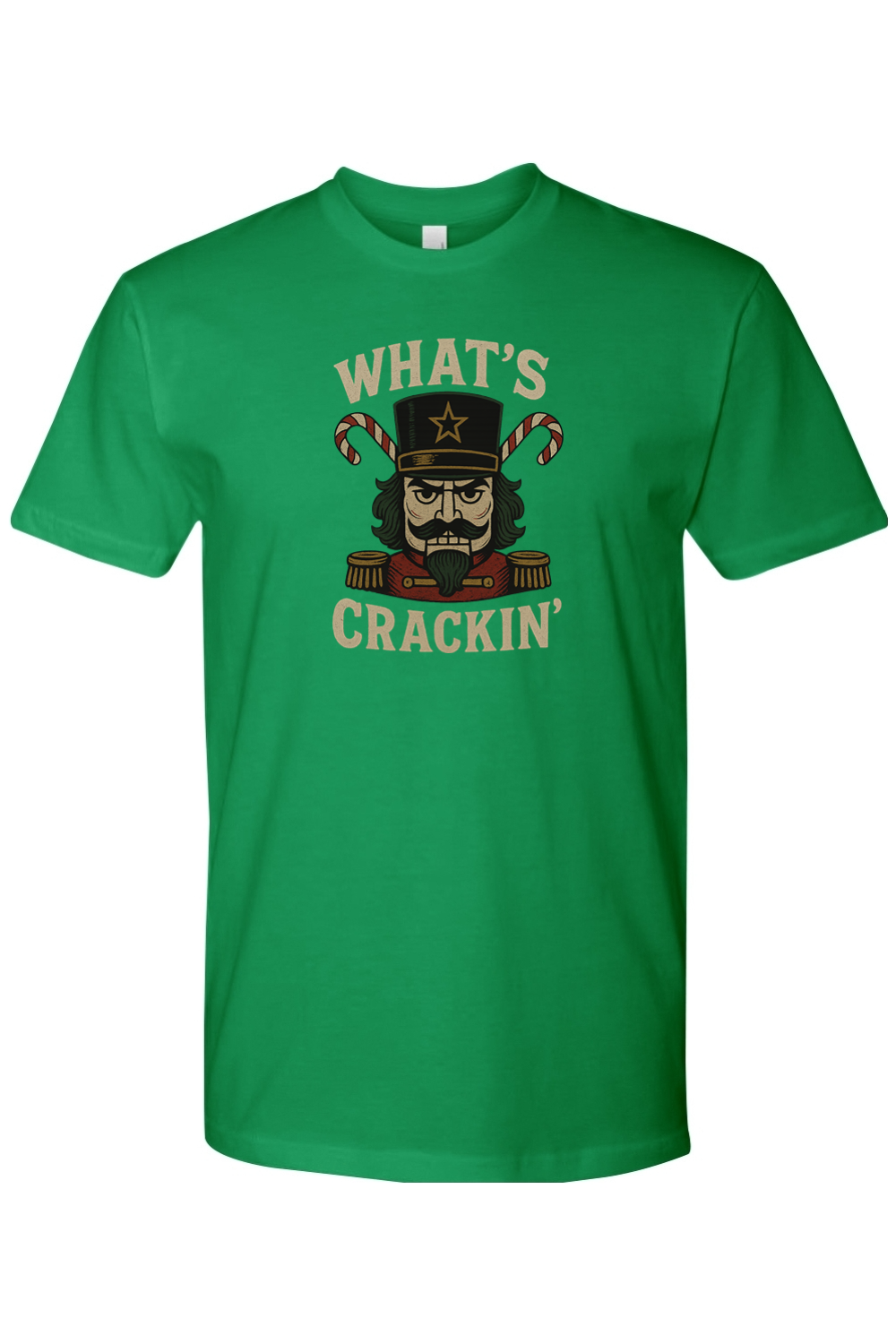 Green Christmas t-shirt with "What's Crackin'" text and a masculine nutcracker candy cane design funny manly holiday humor short sleeve shirt