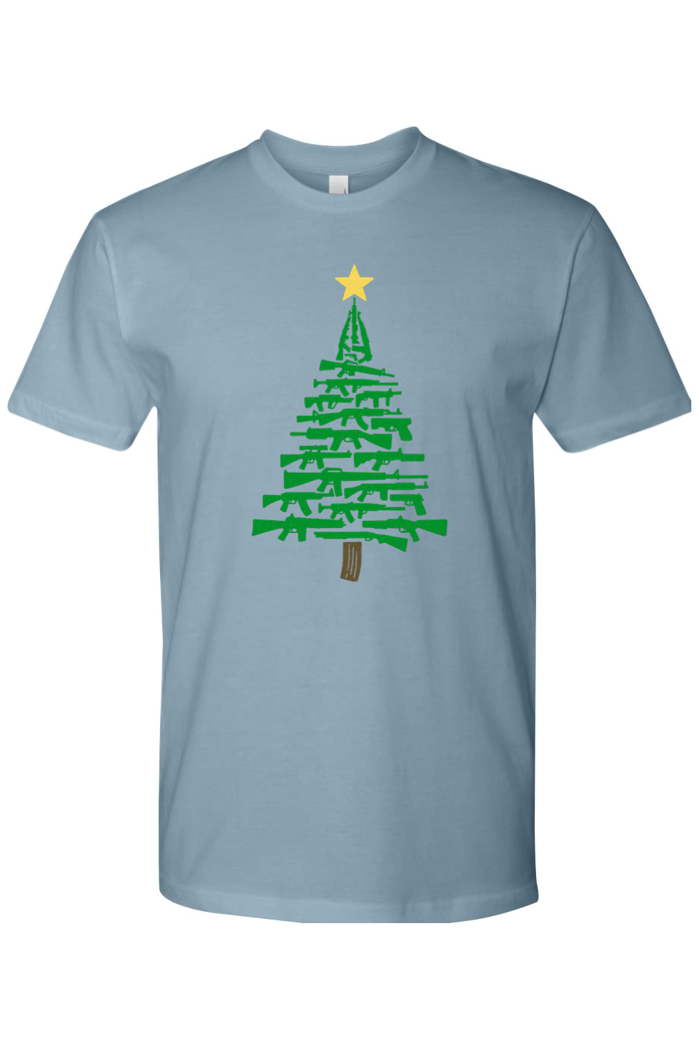 Blue Christmas t-shirt with a Christmas tree design made out of rifles cool tactical men's holiday short sleeve shirt