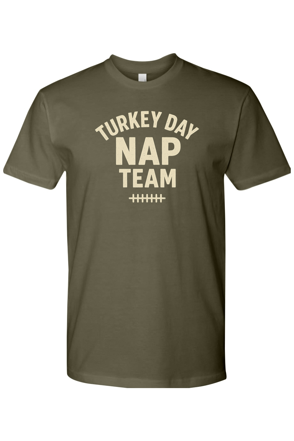 Olive green Thanksgiving t-shirt with "Turkey Day Nap Team" text with football laces design funny fall holiday short sleeve shirt