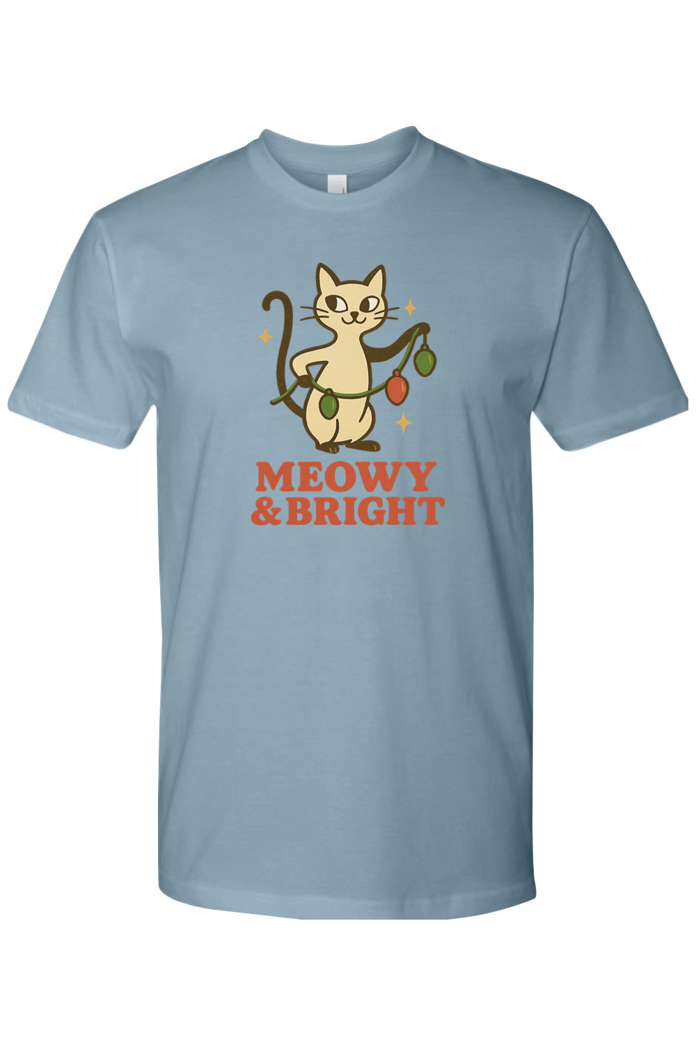 Blue vintage Christmas t-shirt with "Meowy & Bright" text with a cat holding a string of lights design cute funny holiday pet animal humor short sleeve shirt