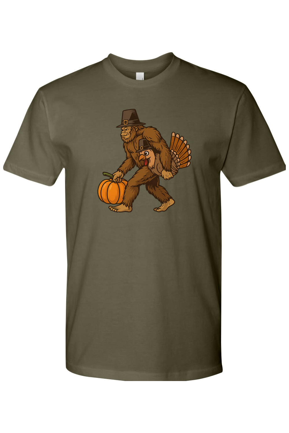 Dark olive green Thanksgiving t-shirt with bigfoot sasquatch holding a pumpkin and a turkey design funny humor fall holiday short sleeve shirt