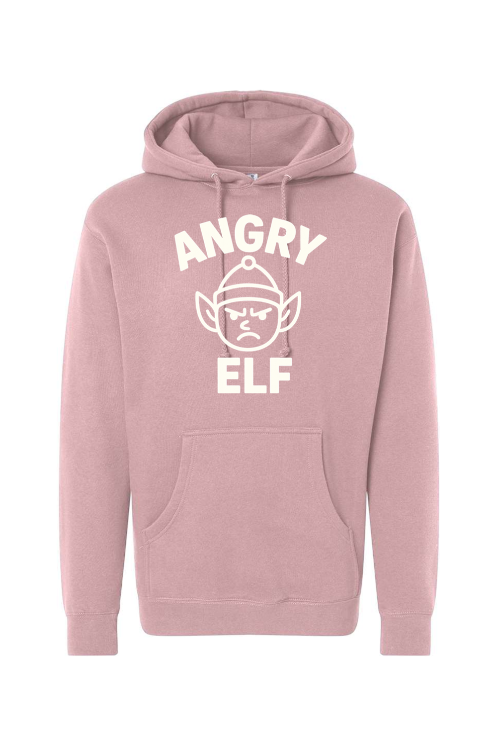 Pink Christmas hoodie with "Angry Elf' in white text with a minimal angry elf design funny sarcastic humor holiday long sleeve hooded sweatshirt