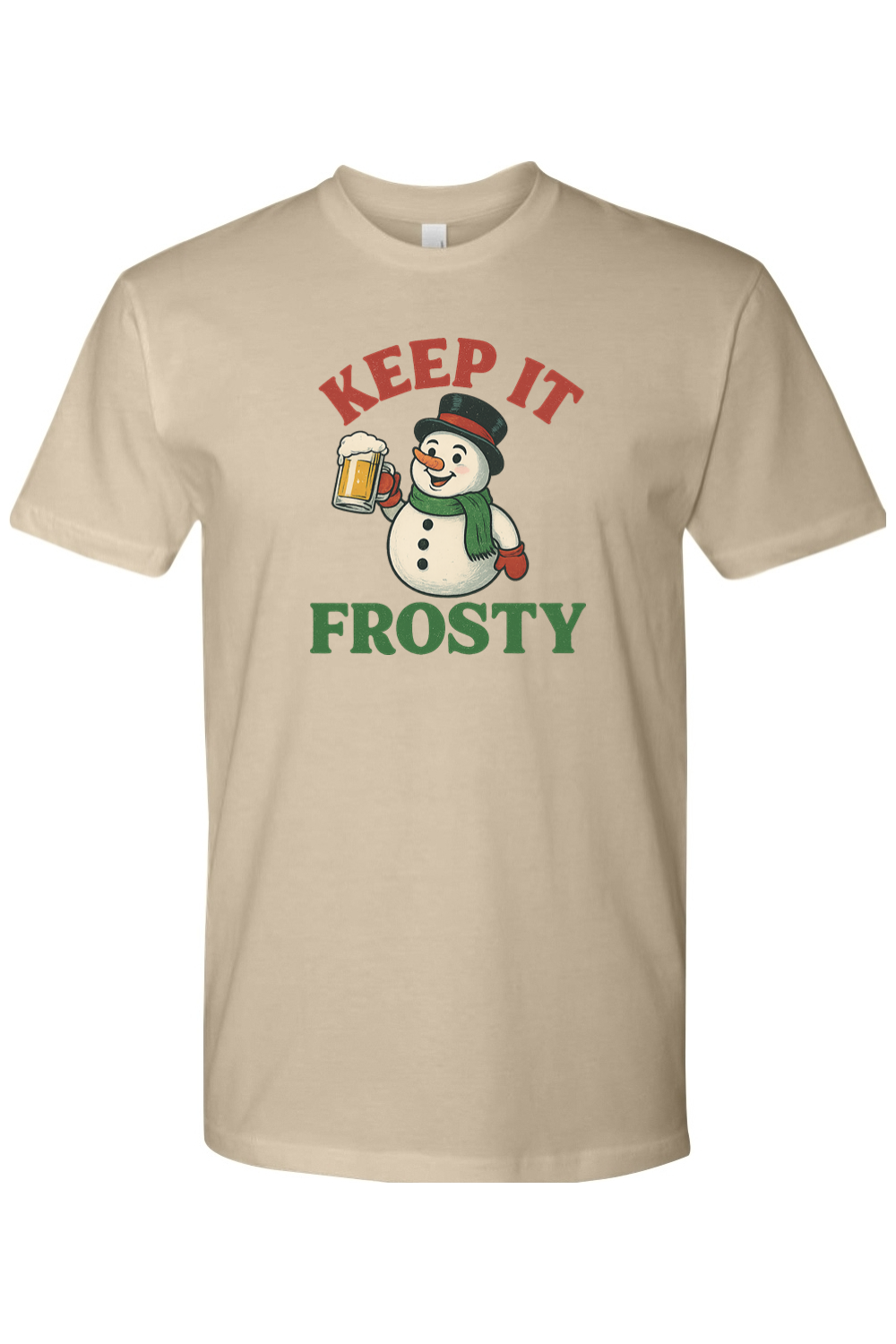 Dark beige Christmas T-shirt with "Keep It Frosty" text with a snowman holding a  beer mug funny holiday humor short sleeve shirt