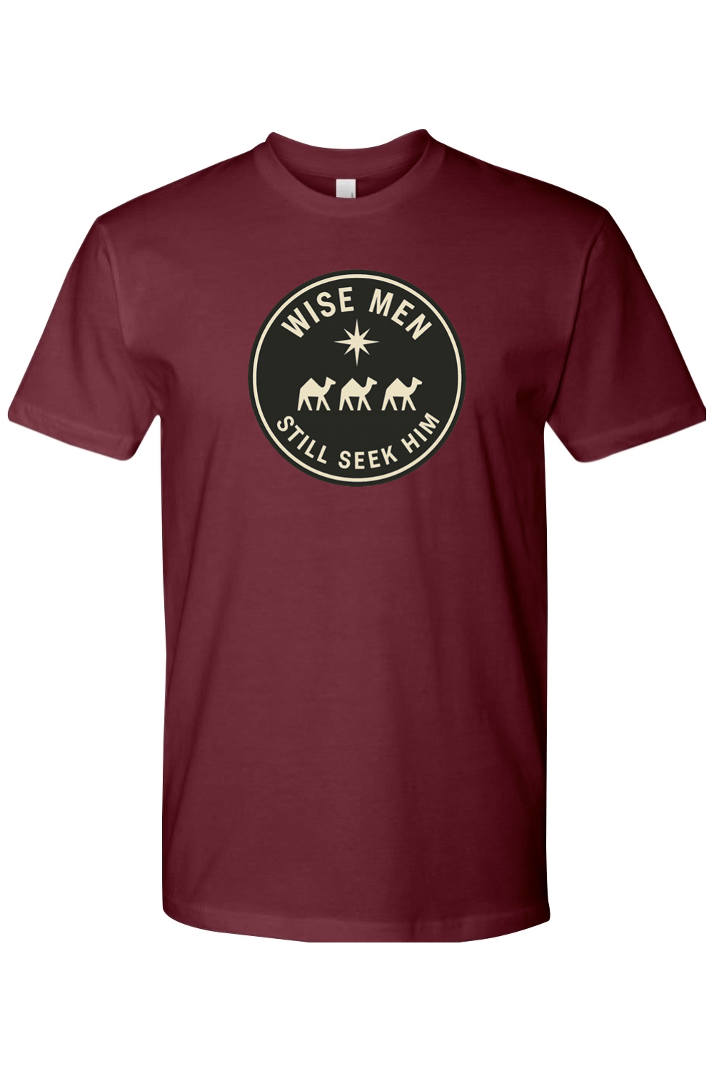 Maroon religious Christmas t-shirt with "Wise Men Still Seek Him" with three camels and a star design Jesus God Christian holiday short sleeve shirt