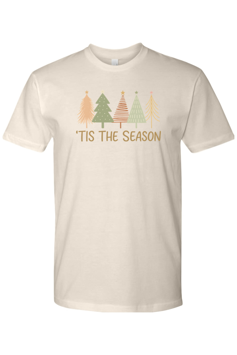 Beige cream Christmas t-shirt with "'Tis the Season" text and pastel colored Christmas trees design cute trendy festive holiday short sleeve shirt
