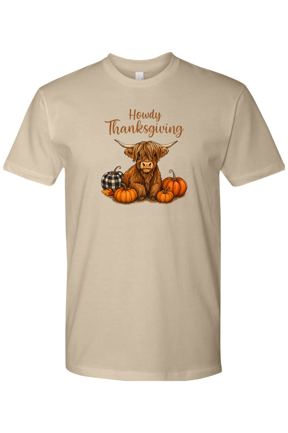 Dark beige Thanksgiving t-shirt with "Howdy Thanksgiving" text and a highland cow with pumpkins cute country fall holiday short sleeve shirt