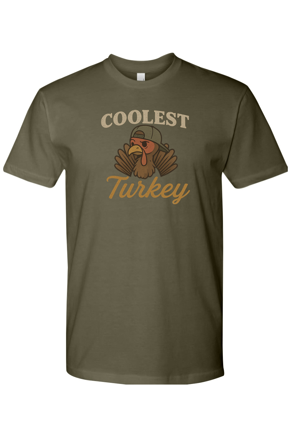 Olive green Thanksgiving t-shirt with "Coolest Turkey" text with a turkey in a backwards hat design cool funny fall holiday short sleeve shirt
