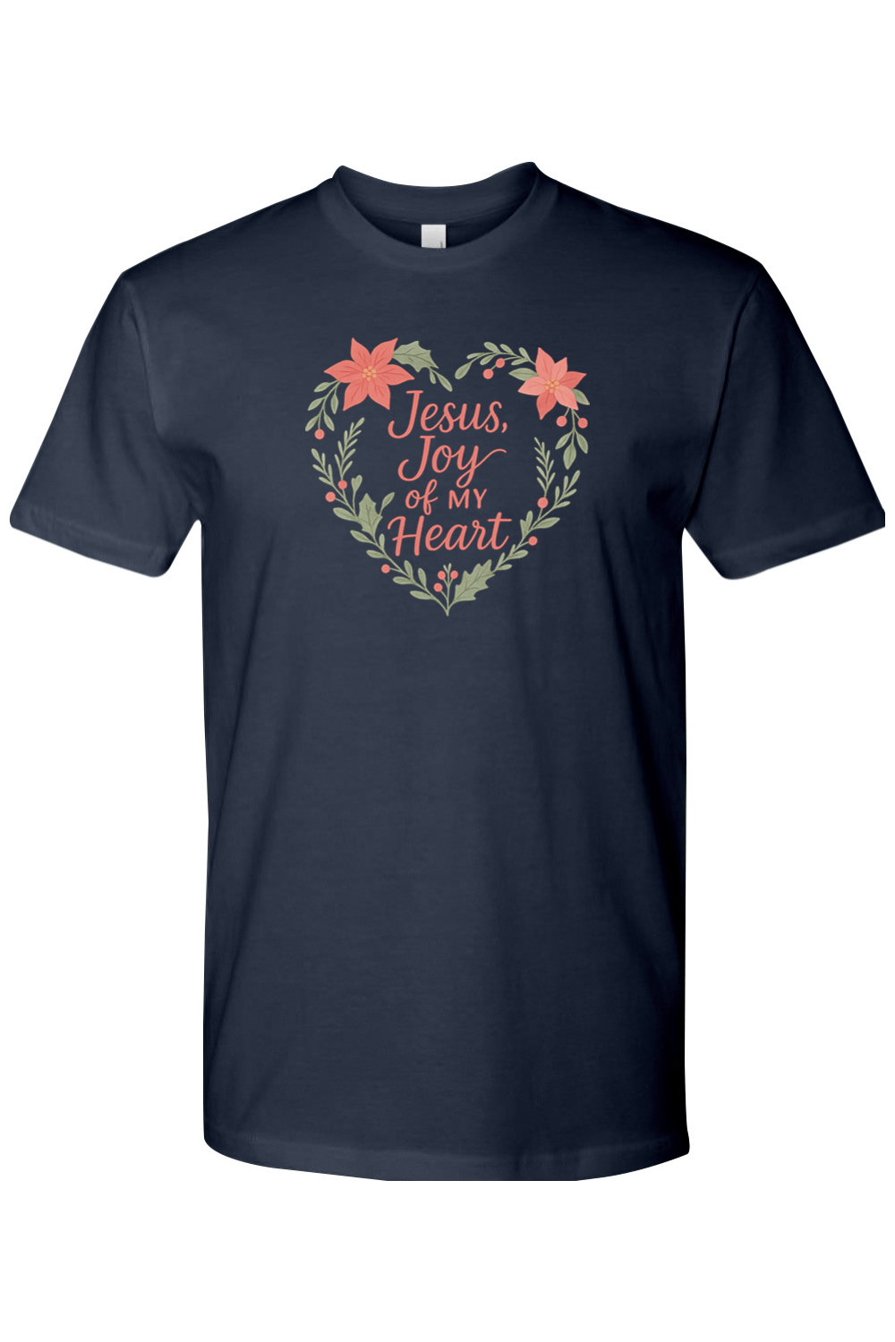 Navy blue Christmas t-shirt with "Jesus, Joy of My Heart" text with a heart shaped poinsettia wreath wrapping around the text design festive religious God Christian holiday short sleeve shirt
