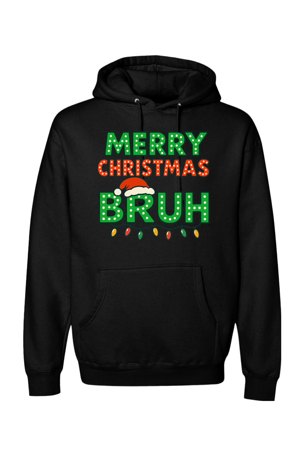 Black Christmas hoodie with "Merry Christmas Bruh" text with a Santa hat and Christmas lights design funny holiday humor long sleeve hooded sweatshirt