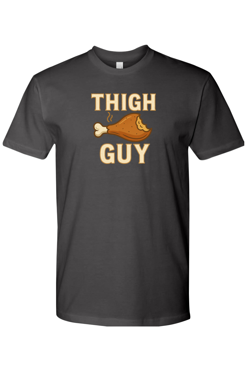 Dark gray Thanksgiving t-shirt with "Thigh Guy" text and a turkey leg design funny gym humor fall holiday short sleeve shirt