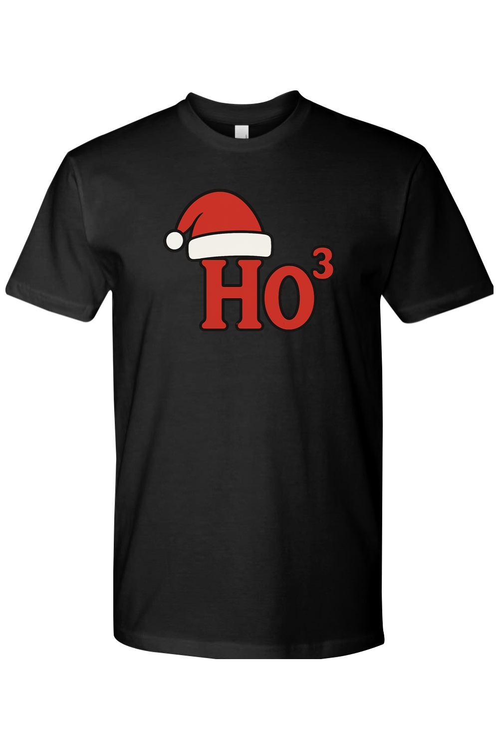 Black Christmas t-shirt with "Ho³" text in red with a Santa hat design funny holiday humor short sleeve shirt