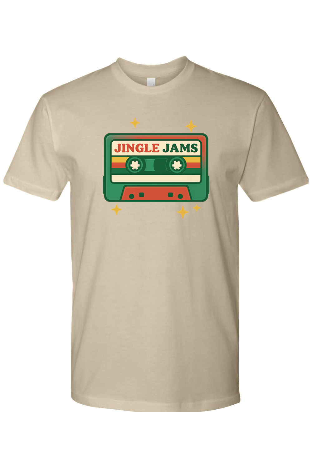 Dark beige vintage Christmas t-shirt with "Jingle Jams" text inside a cassette tape retro trendy holiday short sleeve shirt