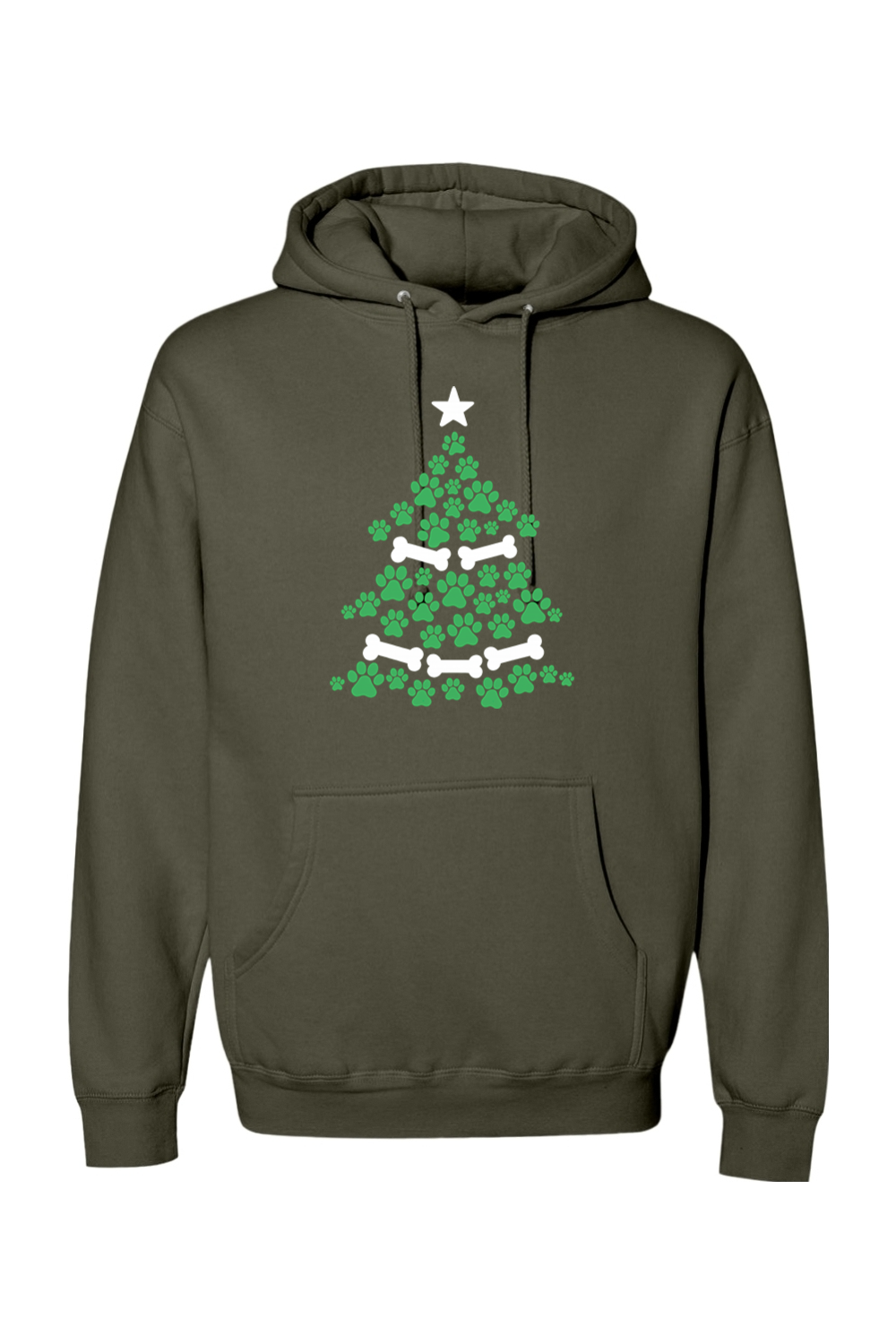 Olive green Christmas hoodie with a Christmas tree design made out of paw prints and bones cute dog pet animal lover long sleeve hooded sweatshirt