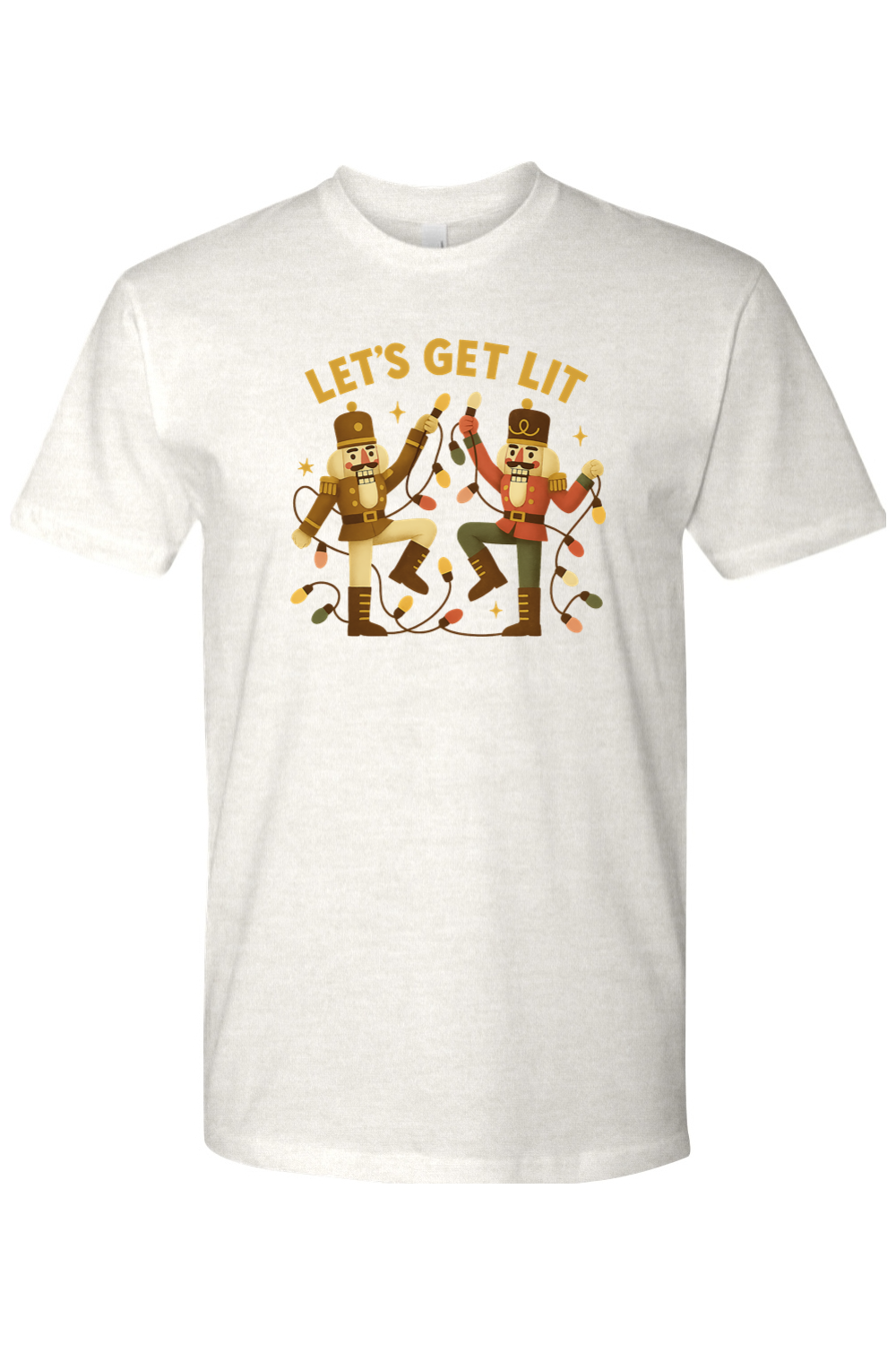 Light cream Christmas shirt with "Let's Get Lit" text with two nutcrackers holding up Christmas lights funny holiday humor short sleeve shirt