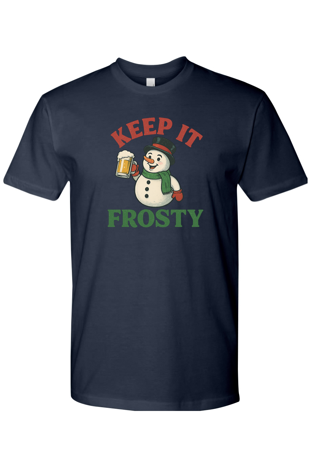 Navy blue Christmas T-shirt with "Keep It Frosty" text with a snowman holding a  beer mug funny holiday humor short sleeve shirt
