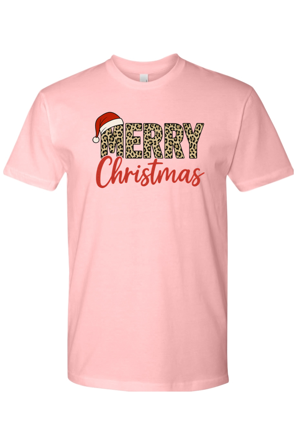 Pink Christmas t-shirt with "Merry Christmas" text in leopard print and red with a Santa hat design cute trendy festive holiday short sleeve shirt