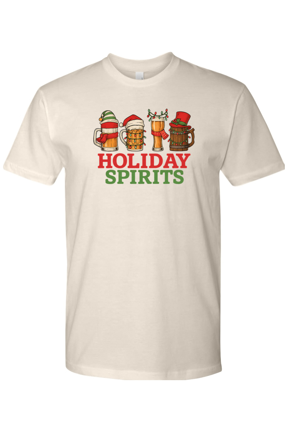 Beige cream funny Christmas beer t-shirt text Holiday Spirits with beer mug design 