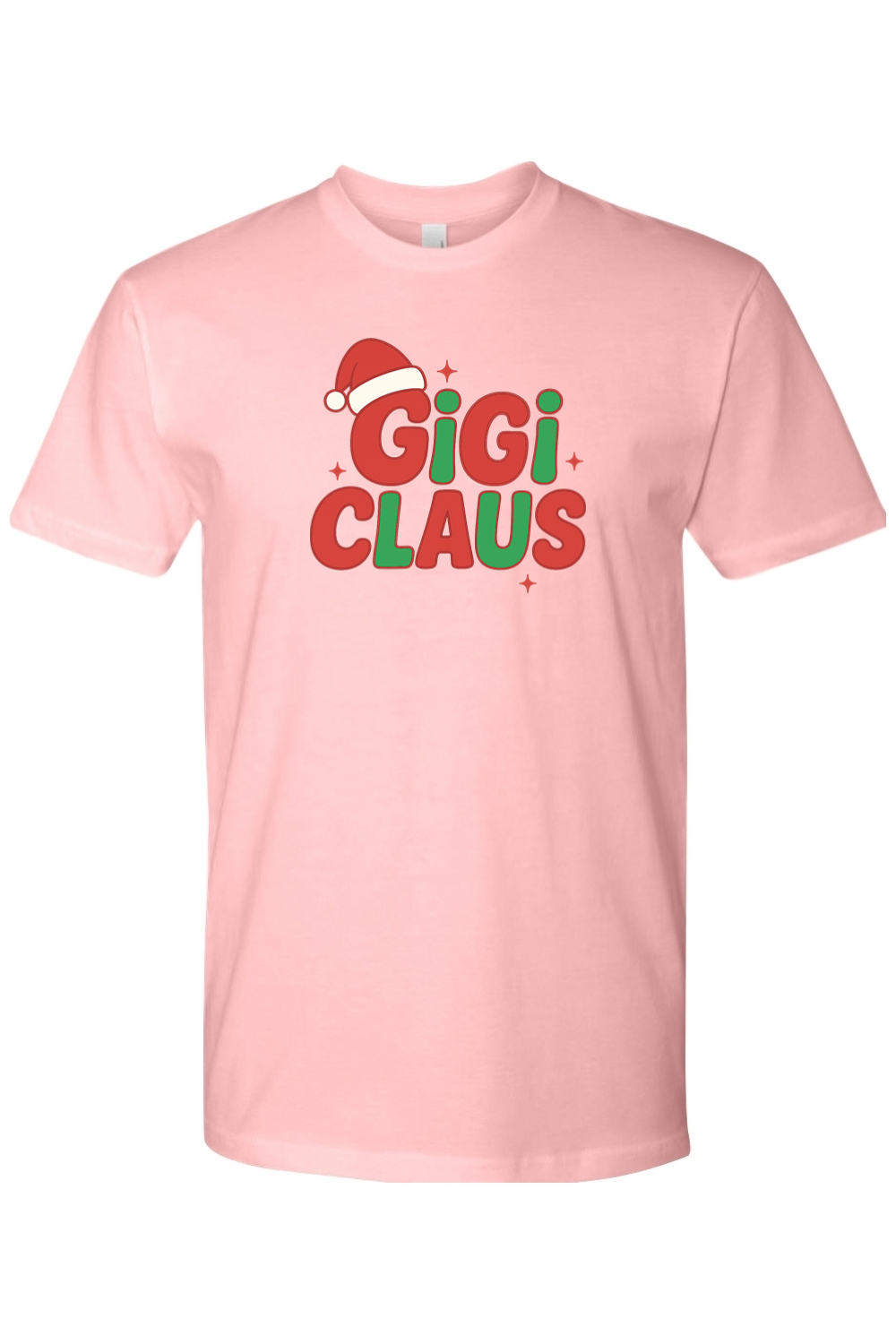Light pink Christmas t-shirt with "Gigi Claus" text in green and red with a Santa hat sitting on the G cute grandma grandparent holiday short sleeve shirt