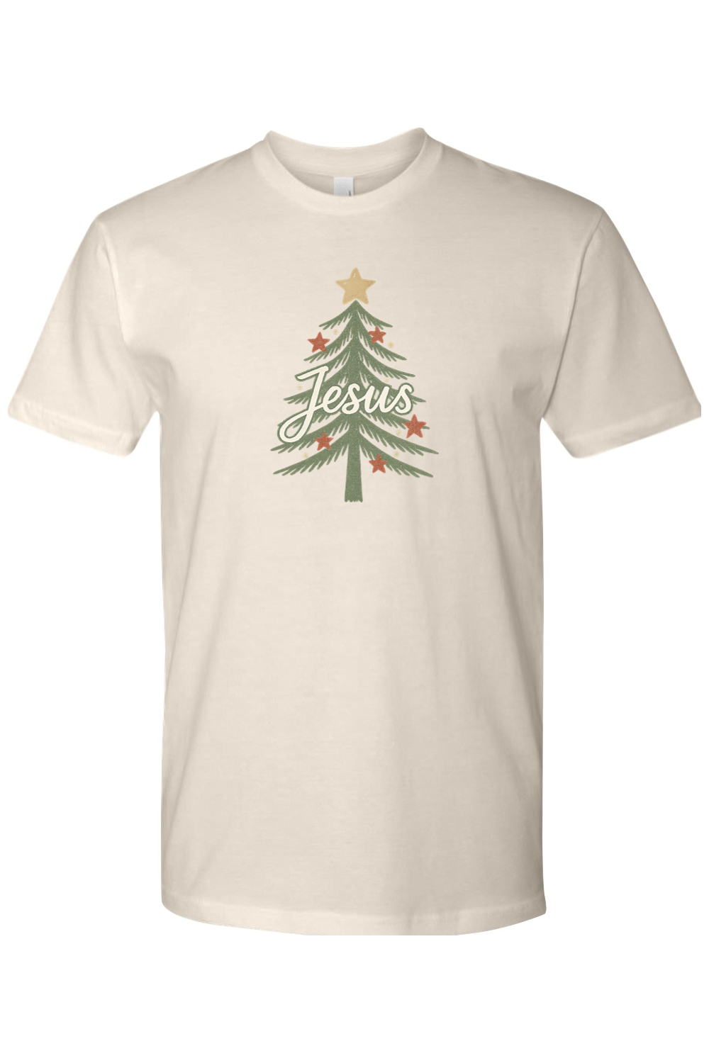 Beige Christmas t-shirt with "Jesus" text in a Christmas tree design cute trendy religious Christian God holiday short sleeve shirt