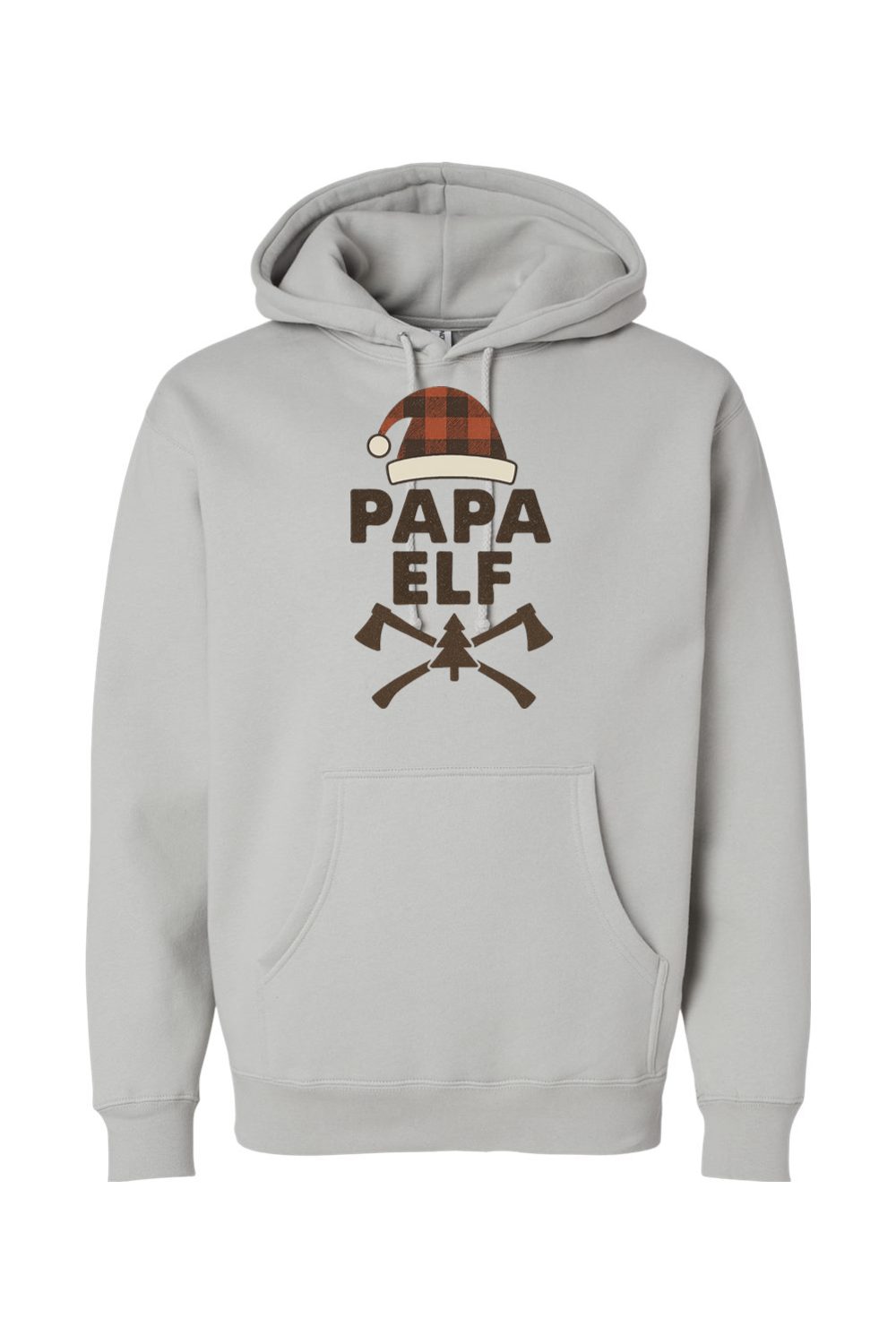 Gray Christmas hoodie with "Papa Elf" text with a plaid elf hat and pine tree and axe design festive men's holiday long sleeve hooded sweatshirt