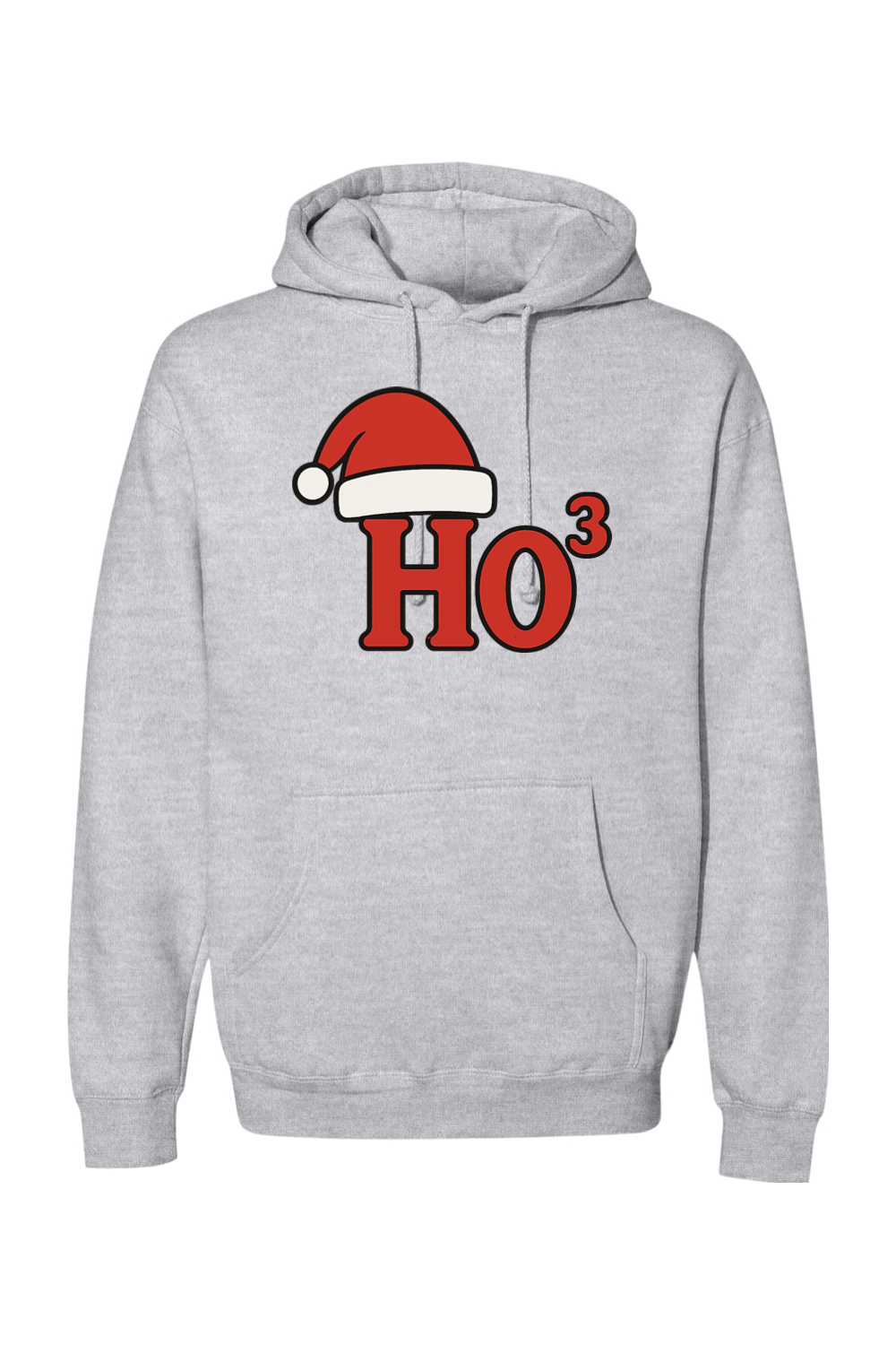 Heather gray Christmas hoodie with "Ho³" text in red with a Santa hat design funny holiday humor long sleeve hooded sweatshirt