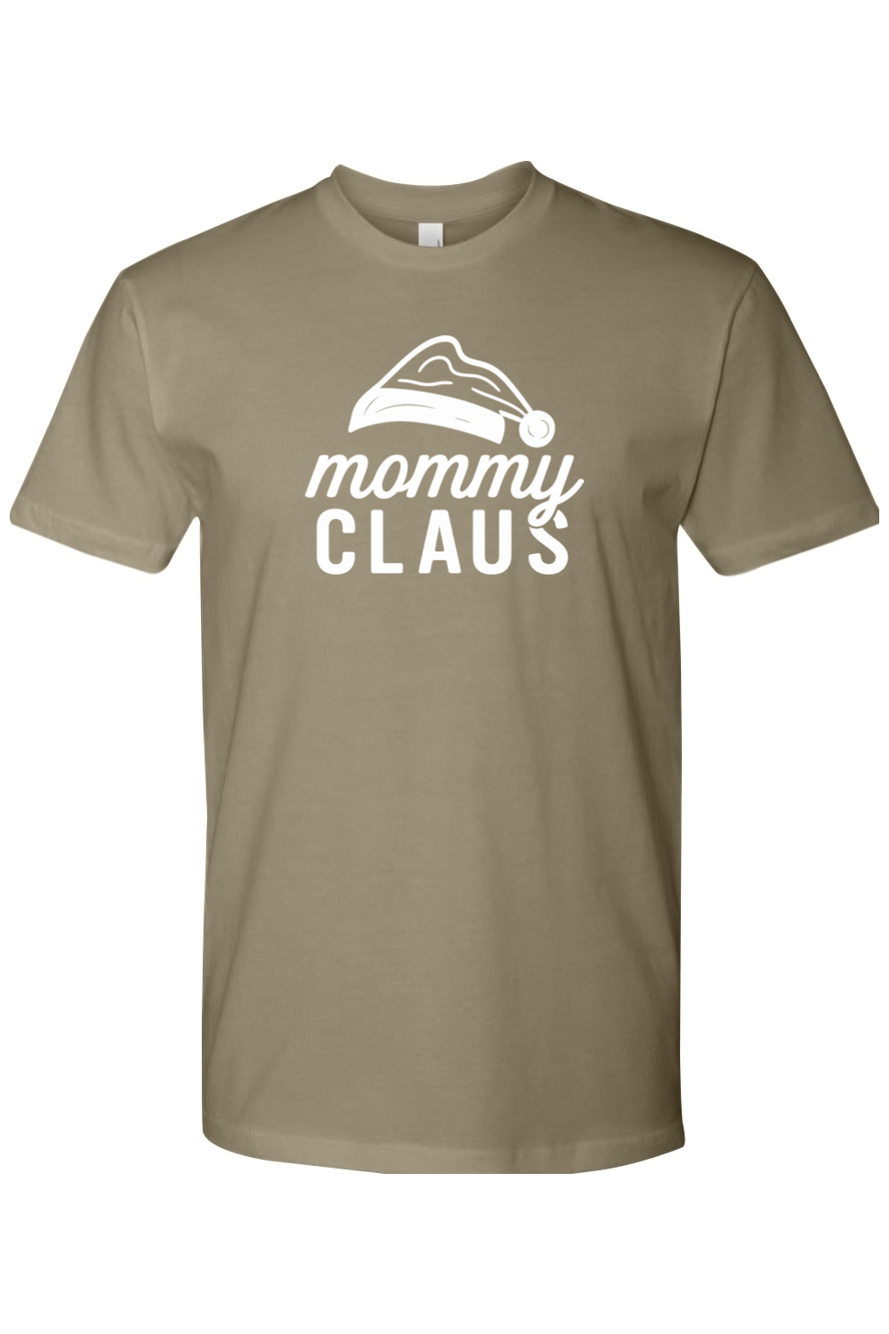 Light olive green Christmas t-shirt with "mommy claus" text and a Santa hat design cute funny trendy mom holiday short sleeve shirt