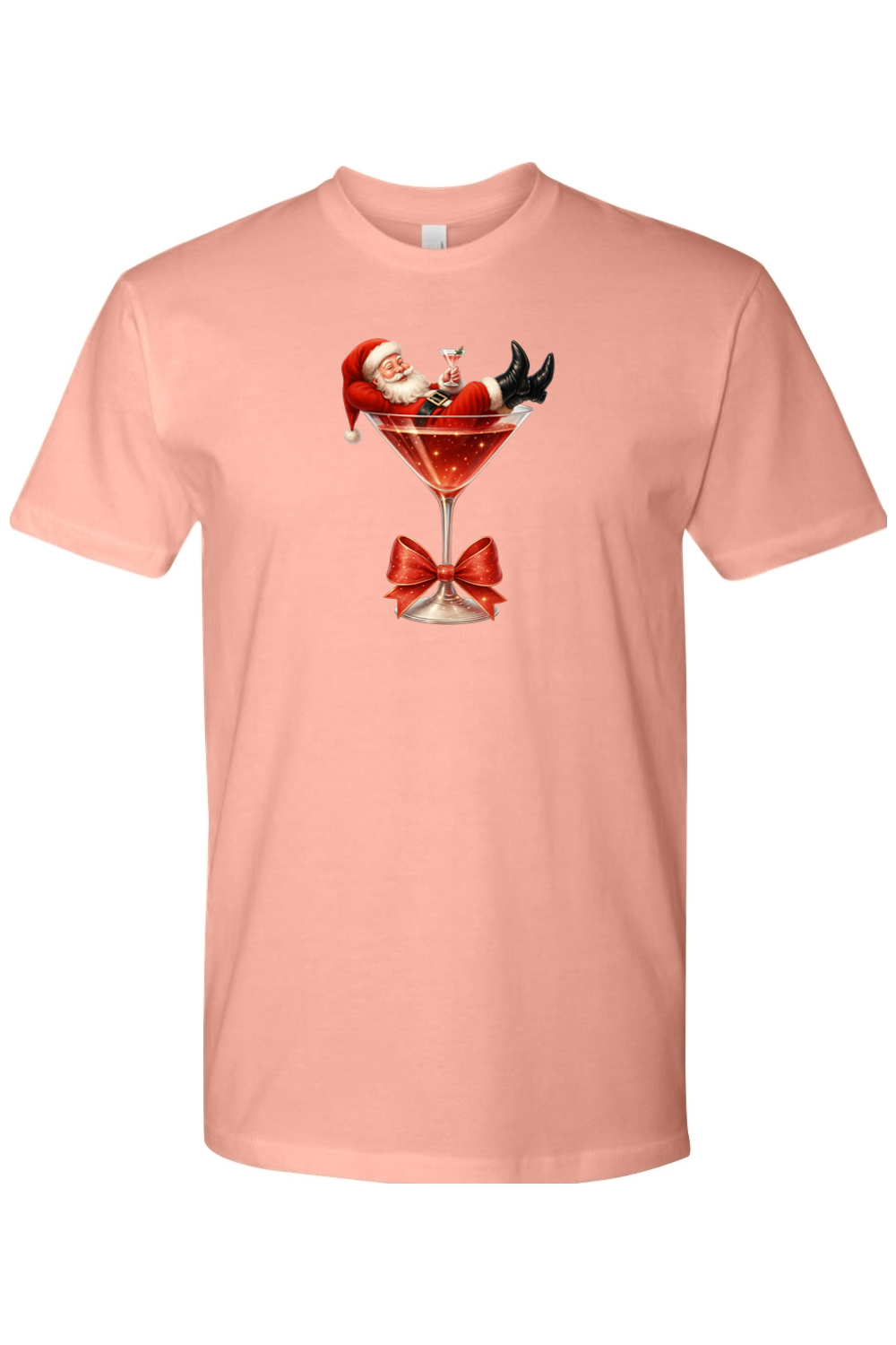 Pink Christmas t-shirt with Santa sitting in a martini glass design funny cute holiday short sleeve shirt