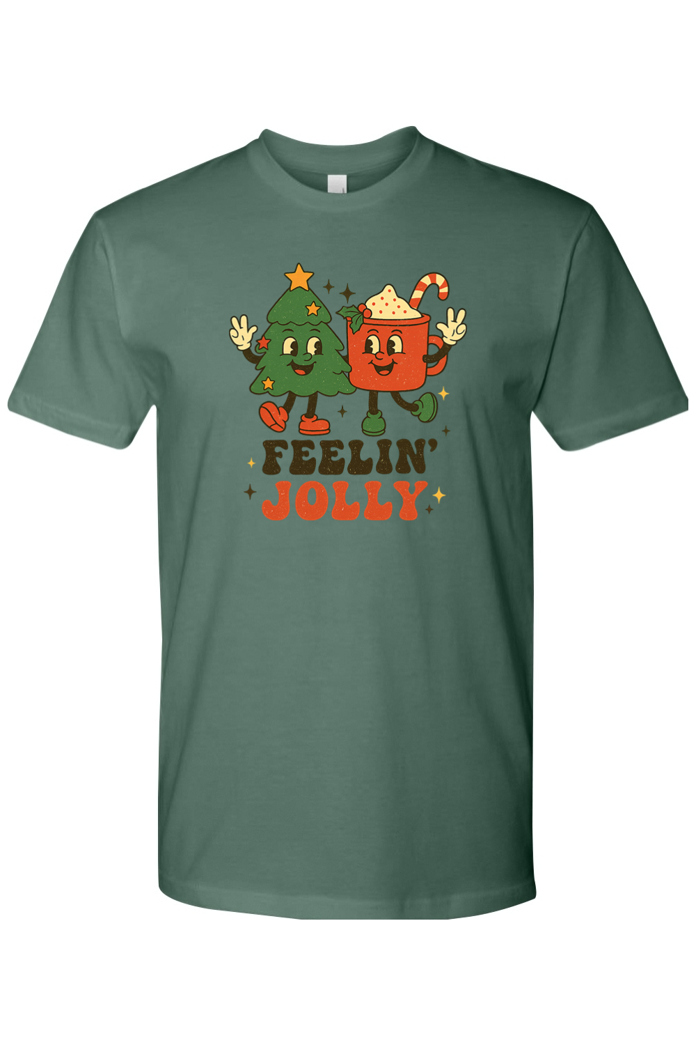 Pine green Feeling Jolly text with retro Christmas Tree and Hot Cocoa design t-shirt cute trendy holiday short sleeve shirt