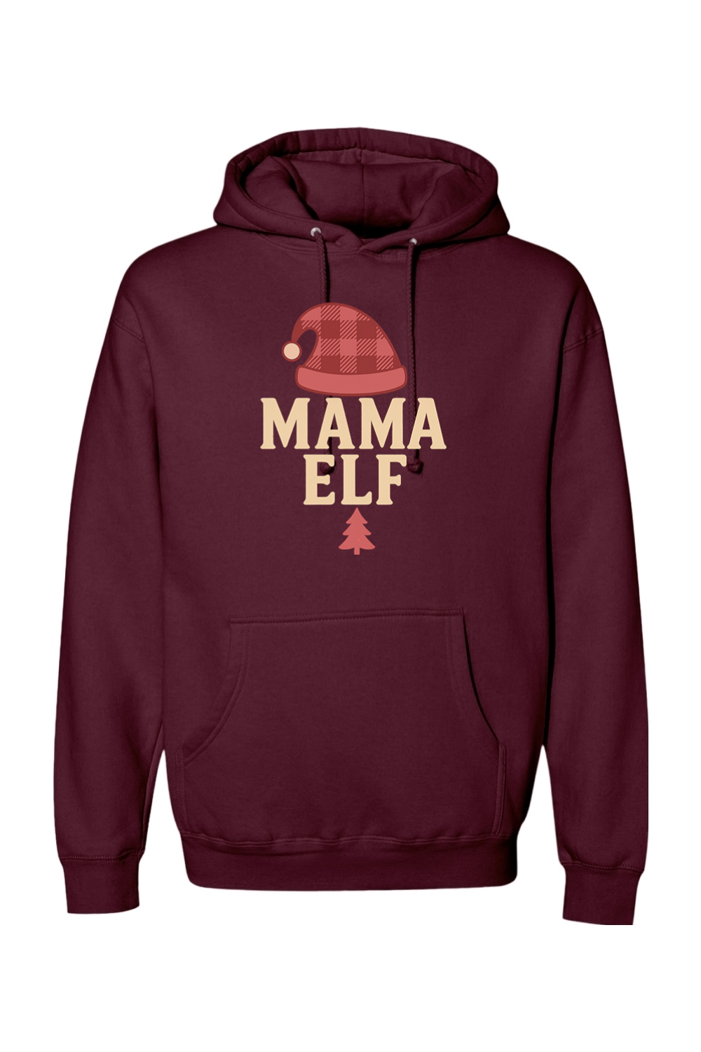 Maroon Christmas hoodie with "Mama Elf" text with an elf hat and pine tree design cute trendy women's long sleeve hooded sweatshirt