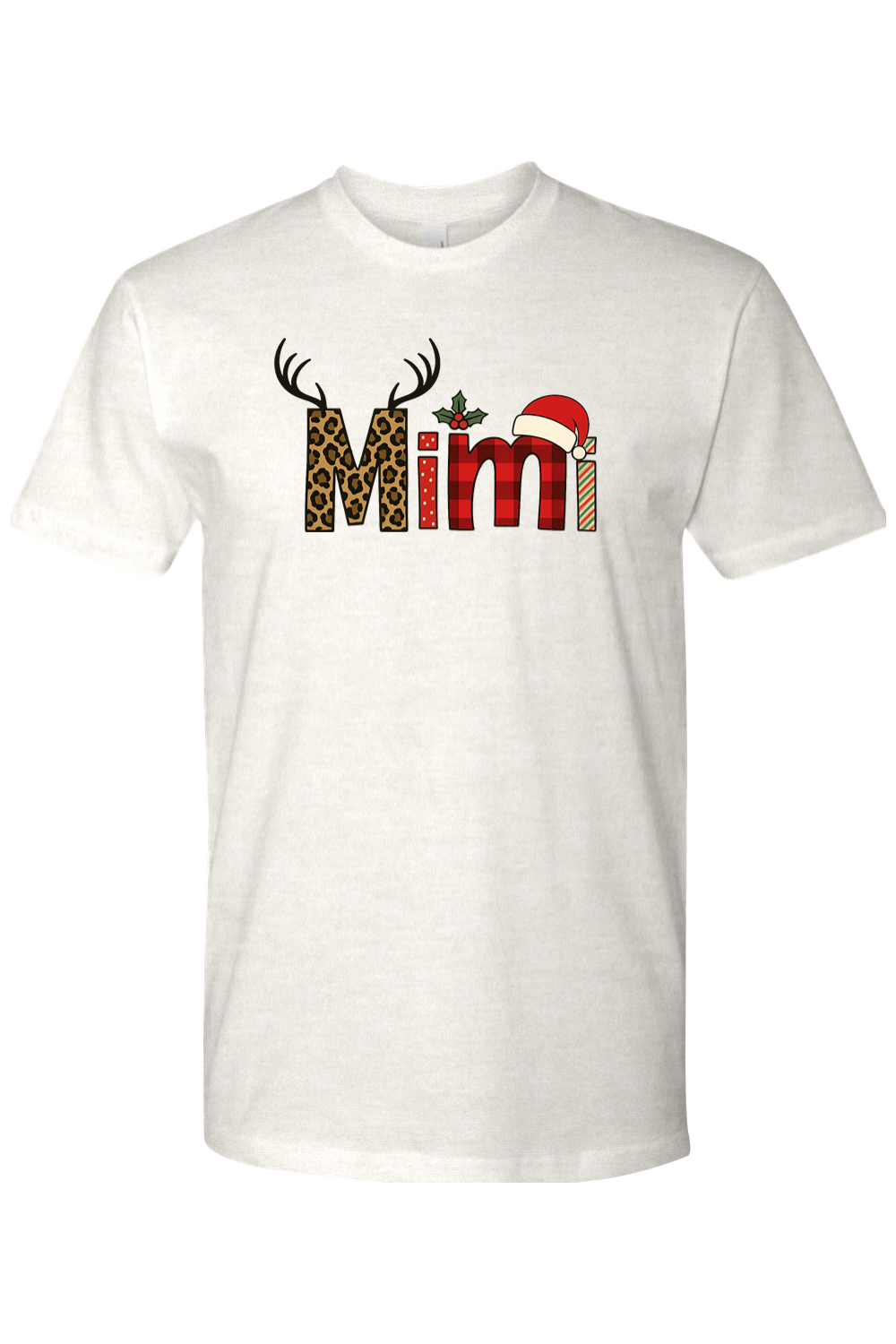 Light beige Christmas t-shirt with "Mimi" text antler design and the letters filled with leopard print, plaid, polka dots, and stripes cute grandma festive holiday short sleeve shirt
