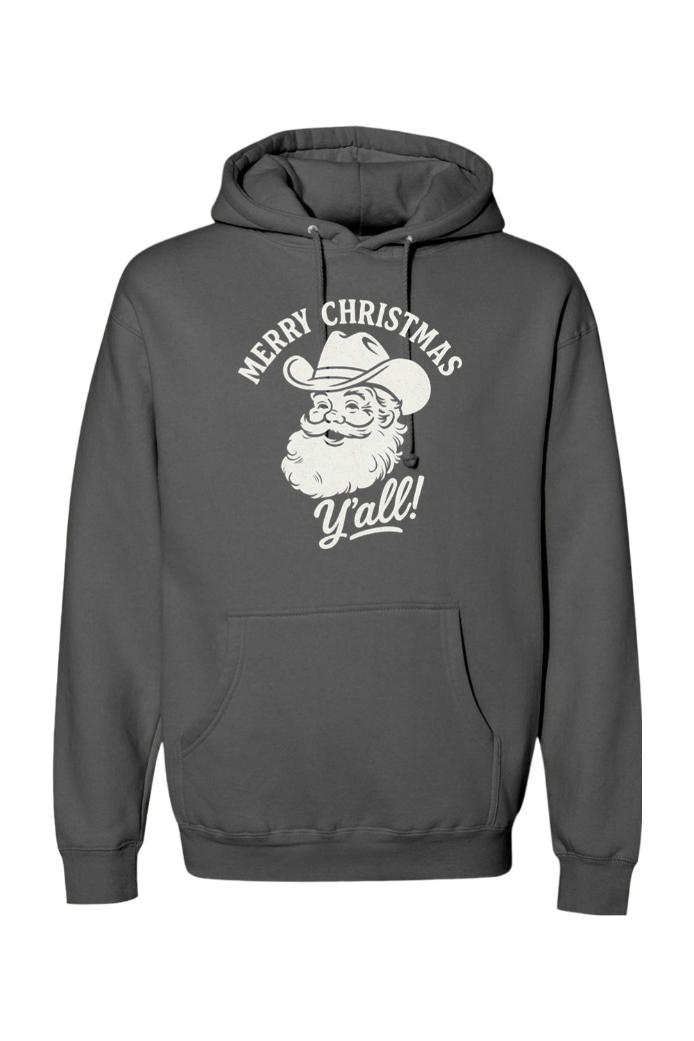 Dark gray Christmas hoodie with "Merry Christmas Y'all!" text in white with Santa wearing a cowboy hat design funny western holiday long sleeve hooded sweatshirt